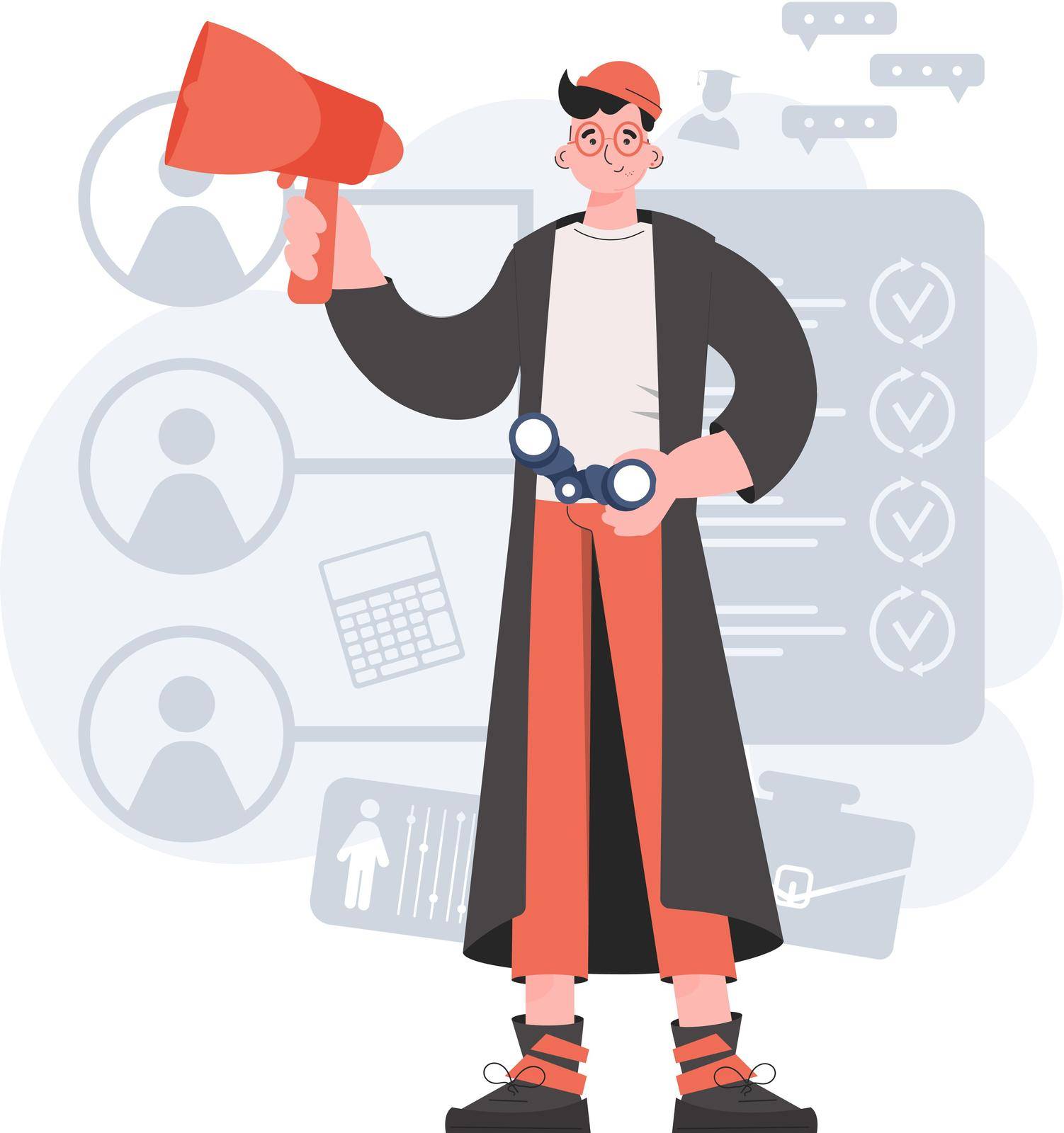 A man stands in full growth with binoculars. HR theme. Element for presentations, sites. Vector illustration
