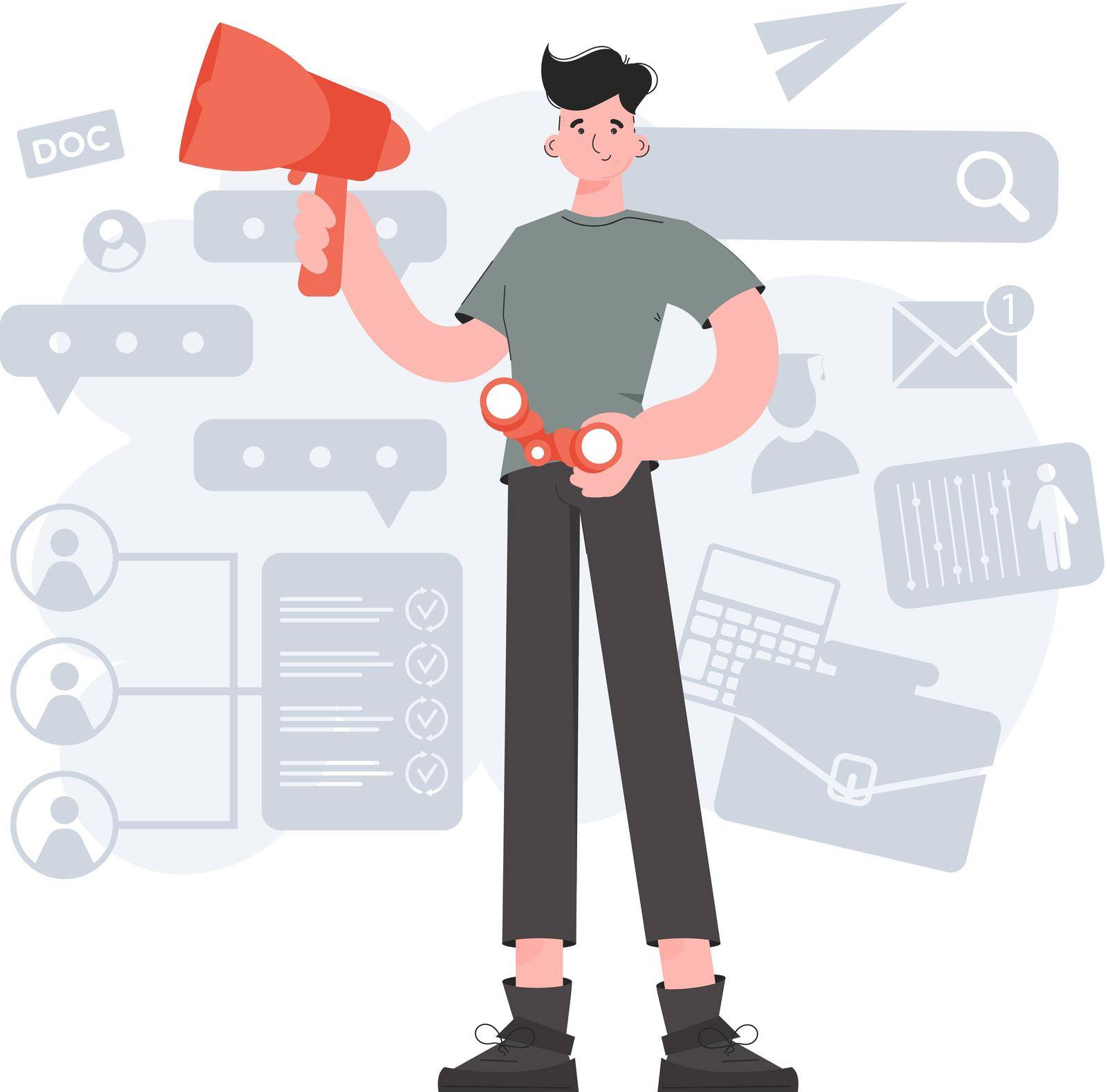 A man stands in full growth holding a loudspeaker and binoculars. HR theme. Element for presentations, sites. by Javvani
