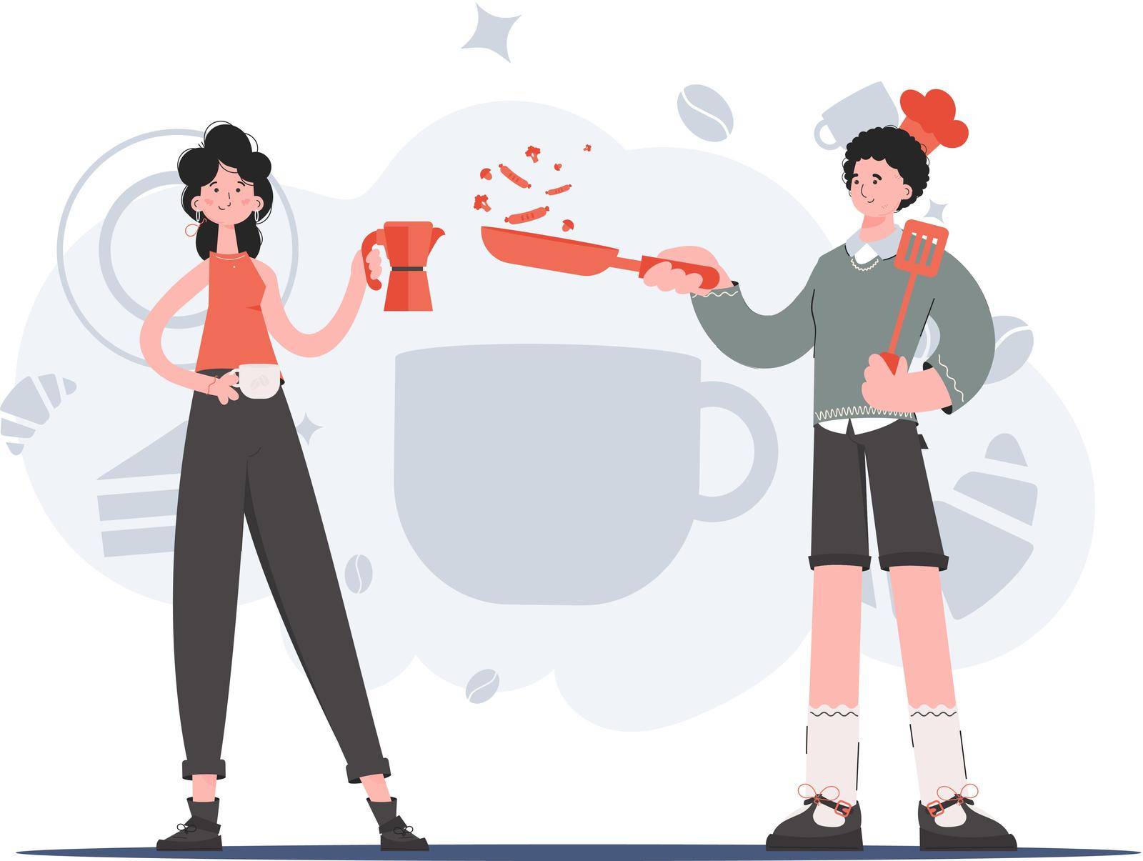 A man and a woman stand in full growth and hold a coffee pot and a frying pan. Coffee shop. Element for presentations, sites. Vector illustration