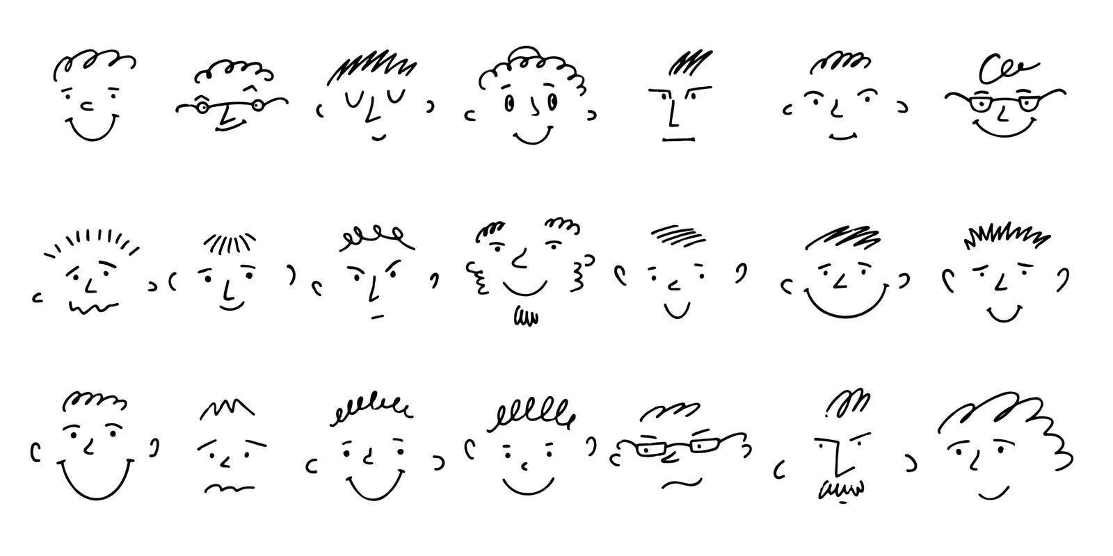 Sketch Funny Faces emotions collection. Childish crayon style drawing different people heads. Vector illustration