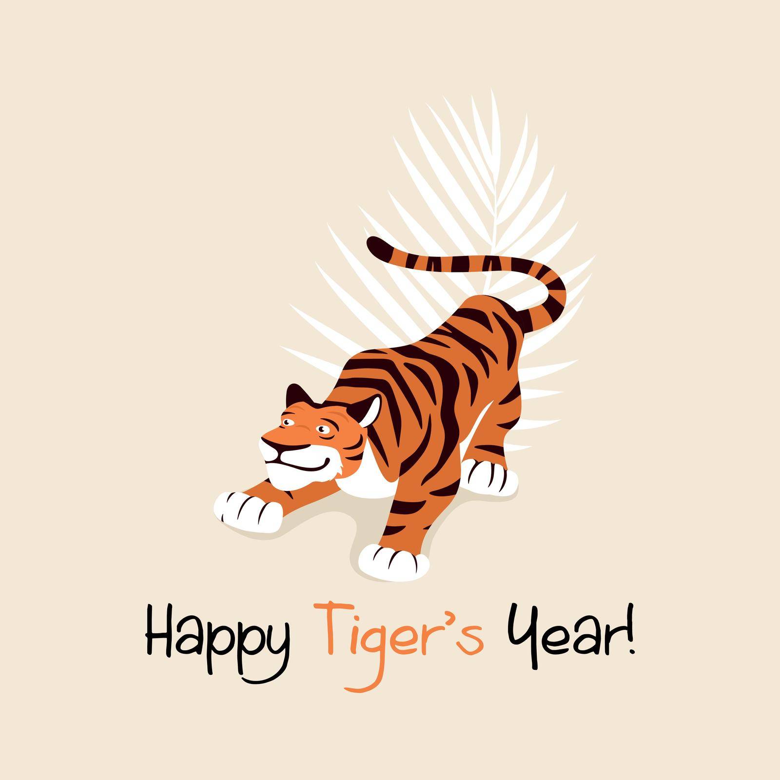 Chinese New Year 2022 Concept. Vector Hand Drawn Tiger. Noble Tigerin Flat or Cartoon Style. Happy New Year and Symbol of the Year of Tiger.