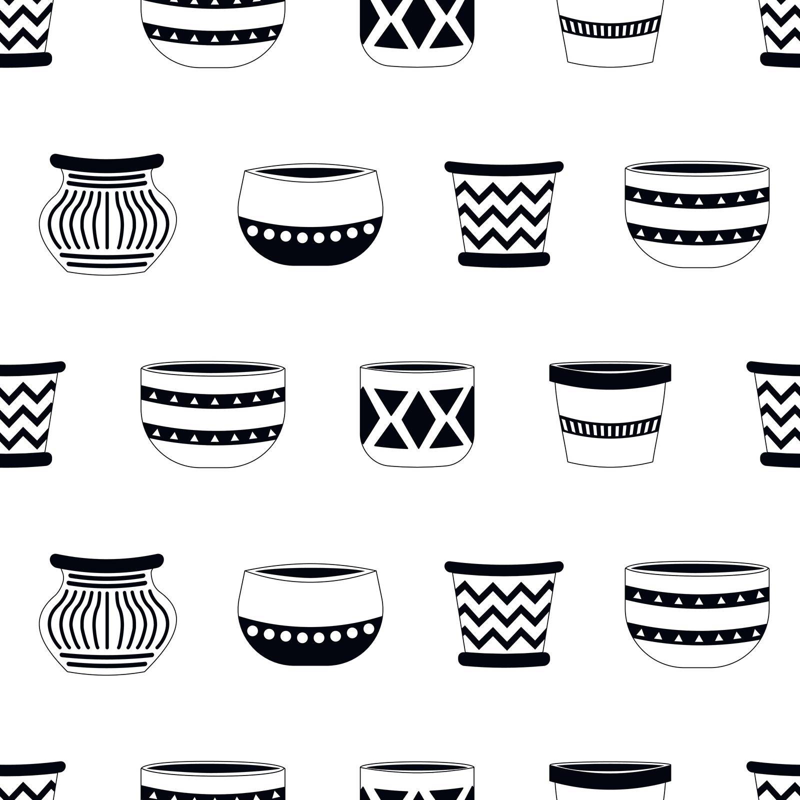 Seamless pattern with empty white and black vector ceramic pots for home plants in a flat style