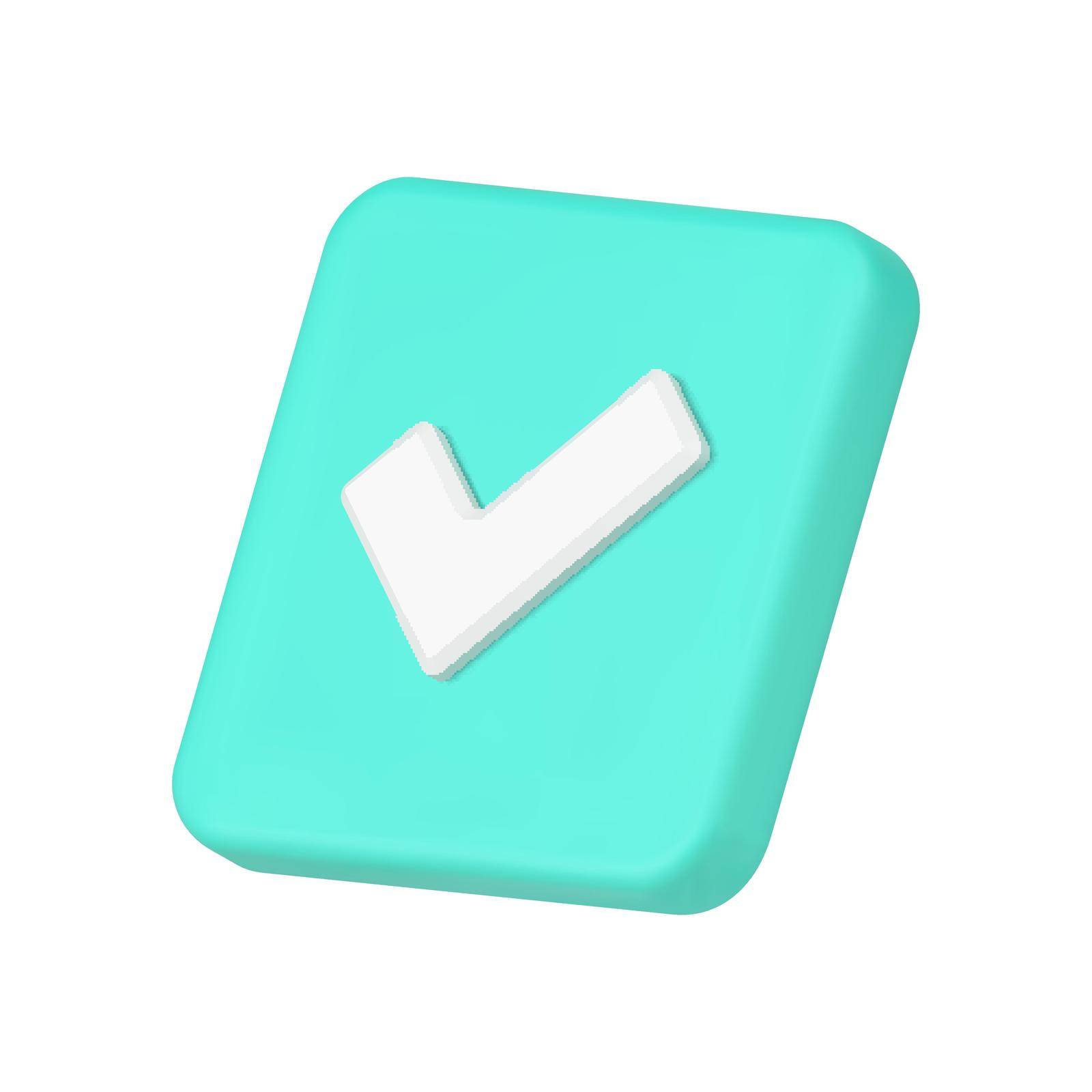 Isometric green square checkmark positive vote successful agreement checkbox 3d icon template vector illustration. Glossy realistic check mark choice done complete internet app notification
