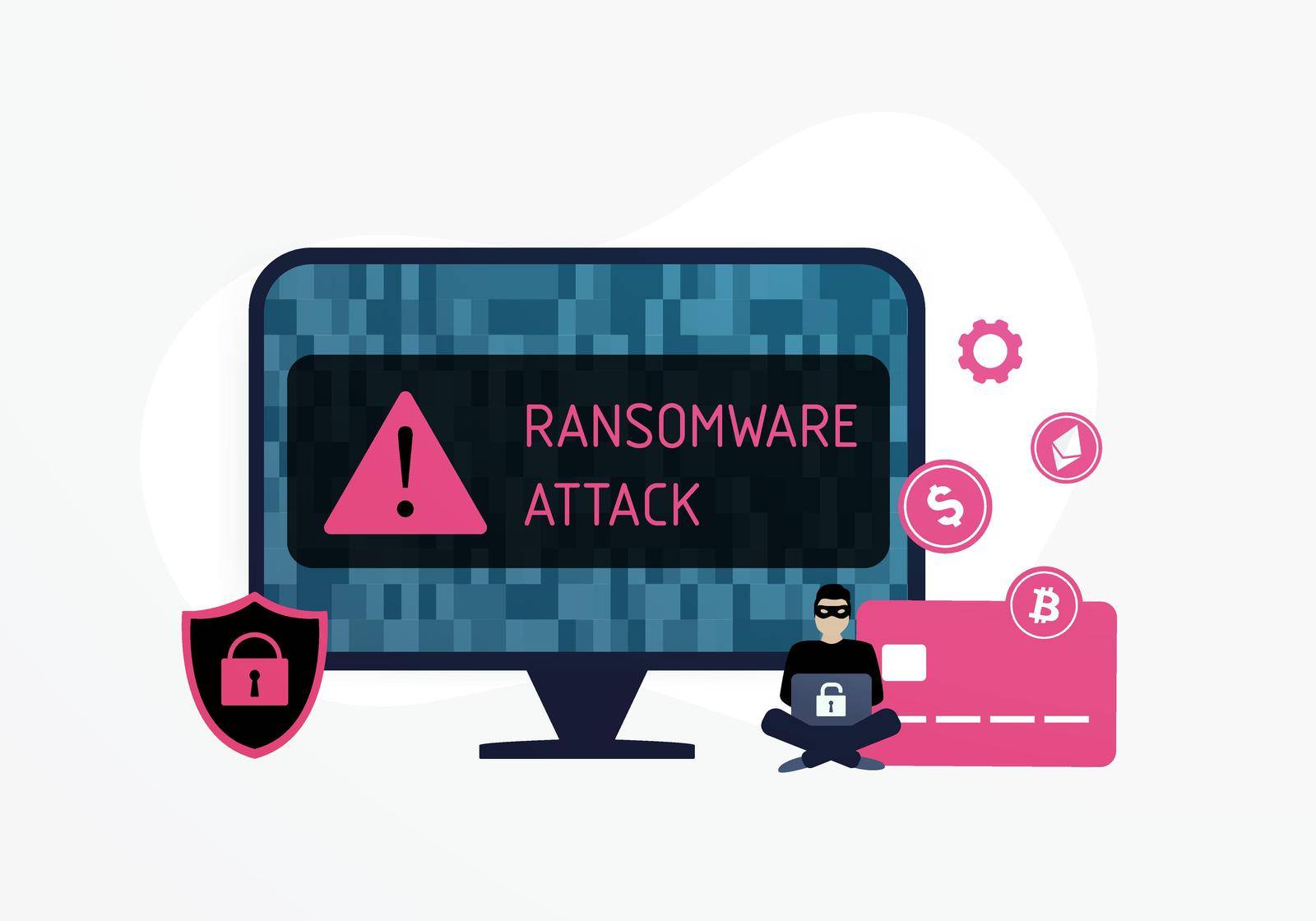 Ransomware is a type of malware that interferes with proper functioning of a computer and requires money to restore normal access to information. Hacker Cyber Attack, Desktop PC with alert message