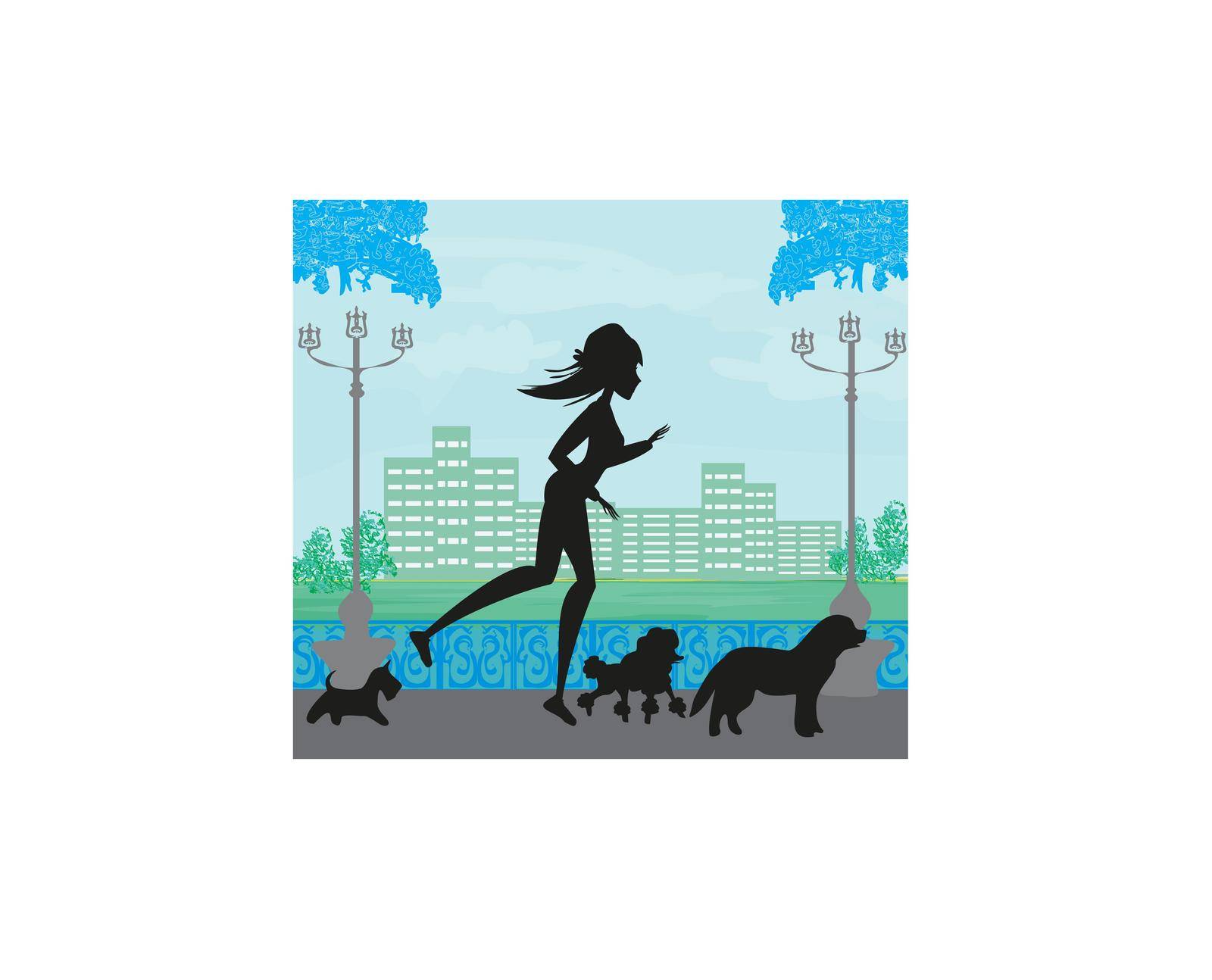Girl Jogging with Dogs