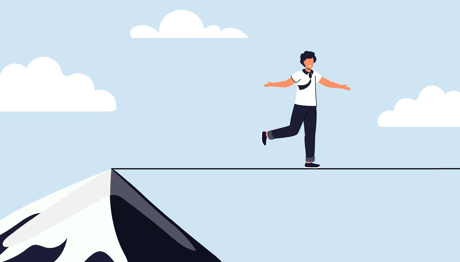 Taking risk concept for success Man walking on tight rope symbol vector illustration Business risk and challenge in career path Business project deadline. Time management Assessment and control