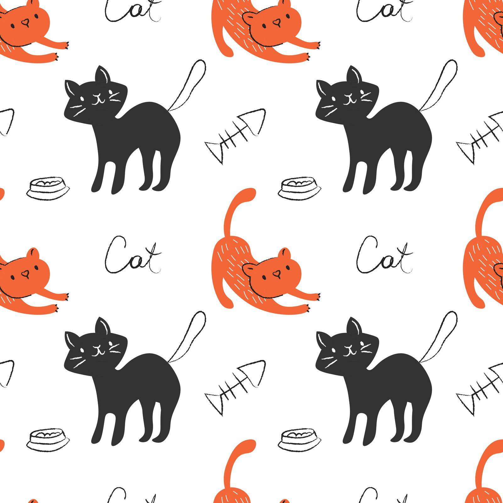 Seamless pattern with funny cats, cat food and fish on a white background. Vector illustration.