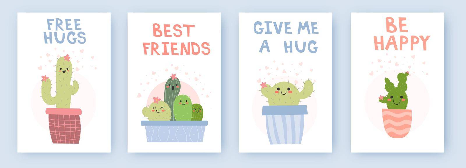 Cute cacti cards. Funny prickly plants cartoon characters, mexican symbol, blooming and hanging succulents and cactuses, pretty faces and hats, decorative pots, vector