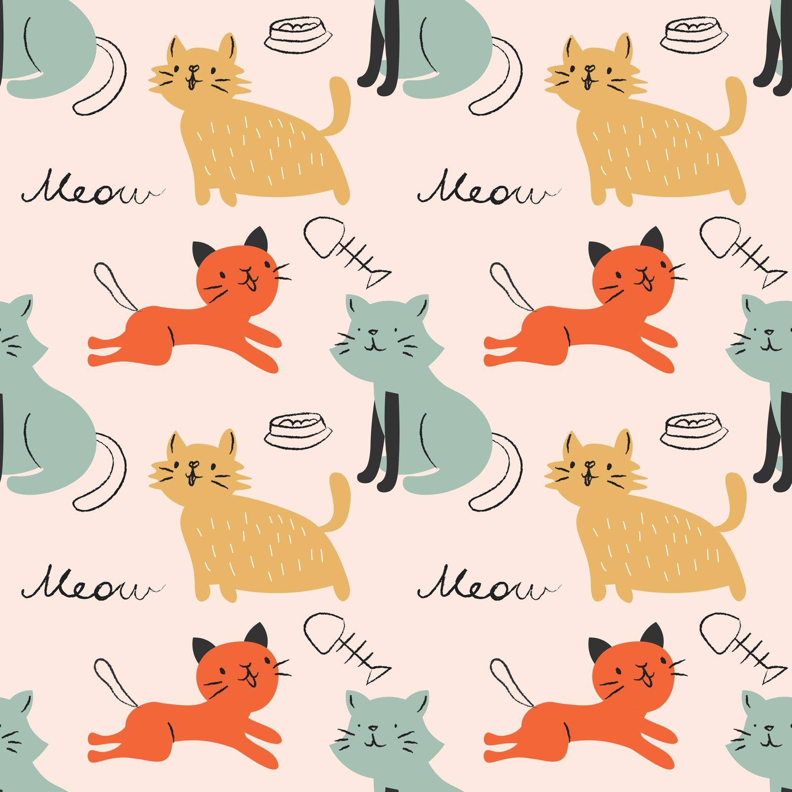 Seamless pattern with funny cats, cat food and fish on a pink background. Vector illustration.