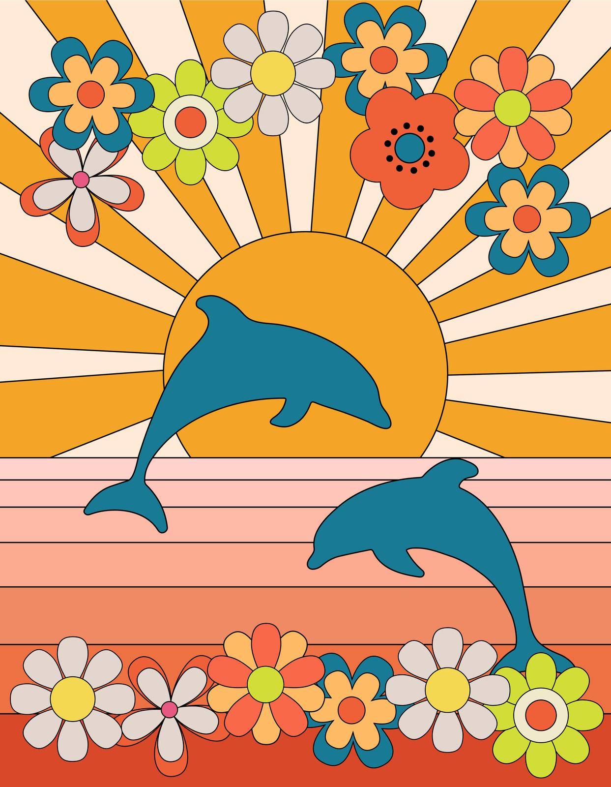 Groovy poster 70s style with sun and dolphins. Retro print with flowers daisy. Vector illustration with sunshine and sea by ElenaPlatova