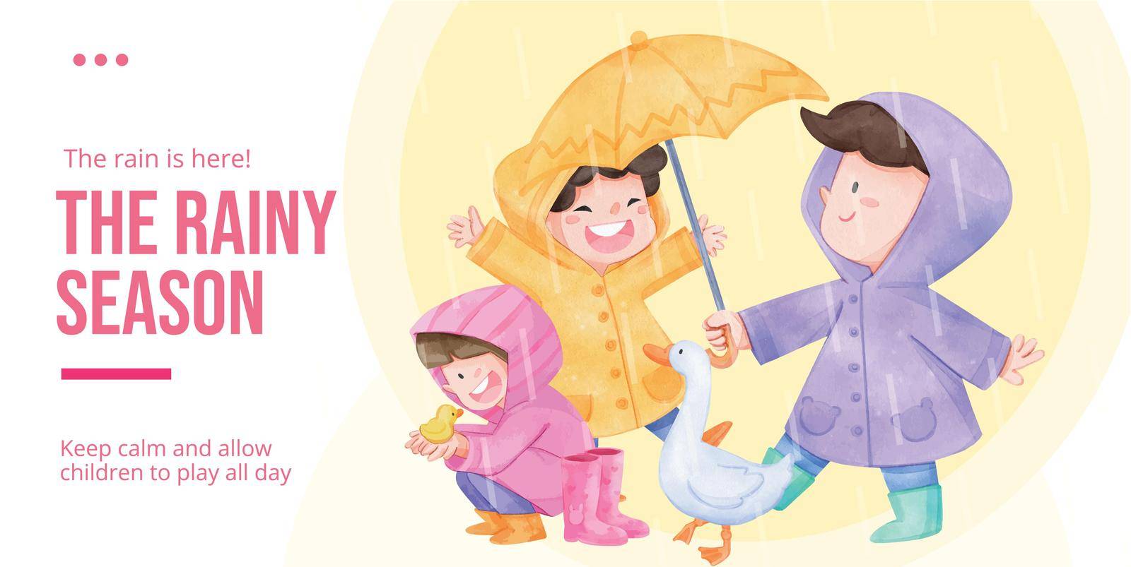 Blog header template with children rainy season concept,watercolor style