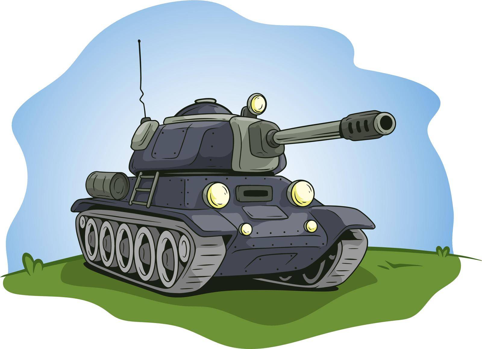 Cartoon gray military army large tank with antenna on green lawn background. Vector icon.