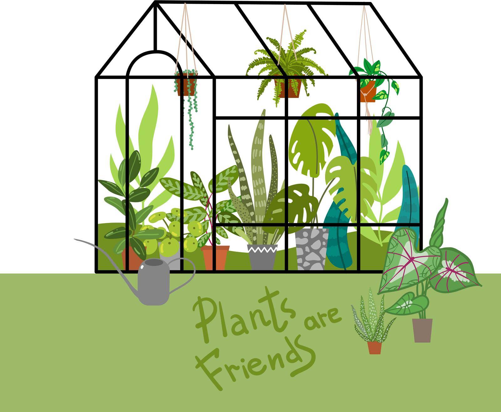 Greenhouse vector illustrations. Urban jungles. Plants are friends. Culd be used for web, notebook, phone case, etc