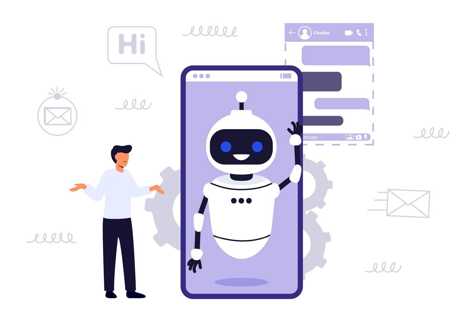 Chatbot AI robot assistant for user correspondence Simulated question or answer service Artificial software discussion Dialog help service Flat tiny virtual smartphone conversation persons concept