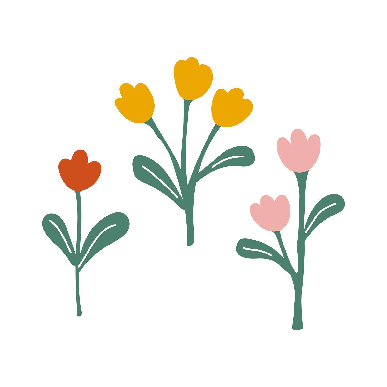 Playful isolated colored spring tulips. Vector set of flowers illustration