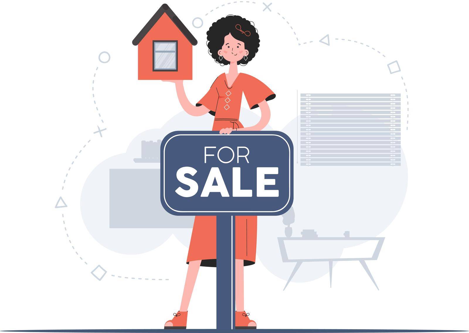 A woman stands in full growth is engaged in the sale of a house. Property For Sale. Flat style. Element for presentations, sites. by Javvani