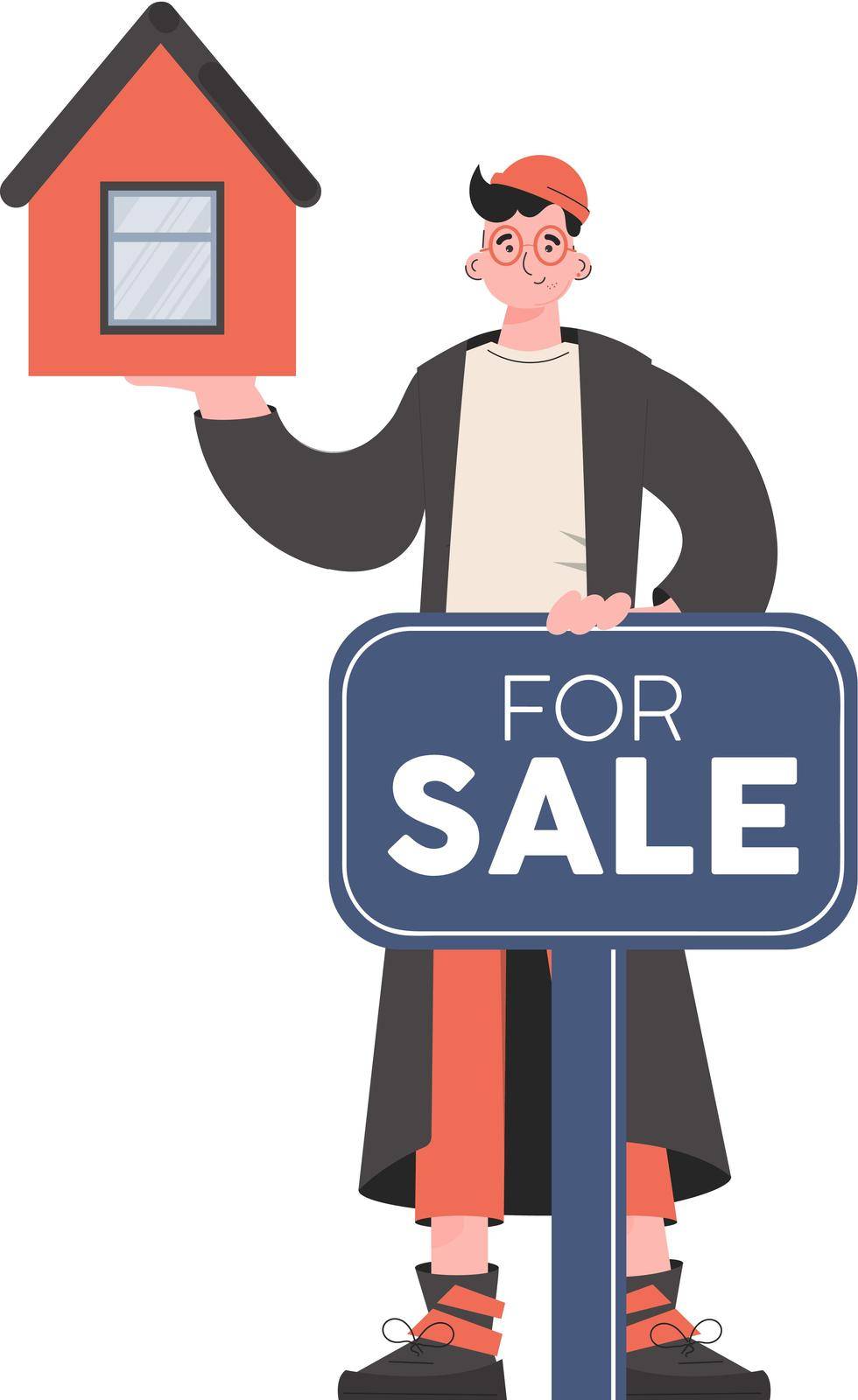 A man stands in full growth next to a poster for the sale of real estate. Isolated. Flat style. Element for presentations, sites. Vector illustration