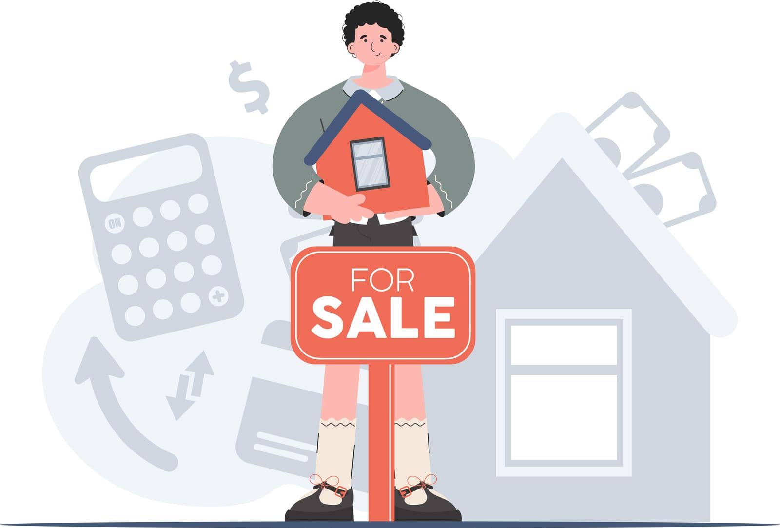 A man stands in full growth is engaged in the sale of a house. Property For Sale. Flat style. Element for presentations, sites. Vector illustration