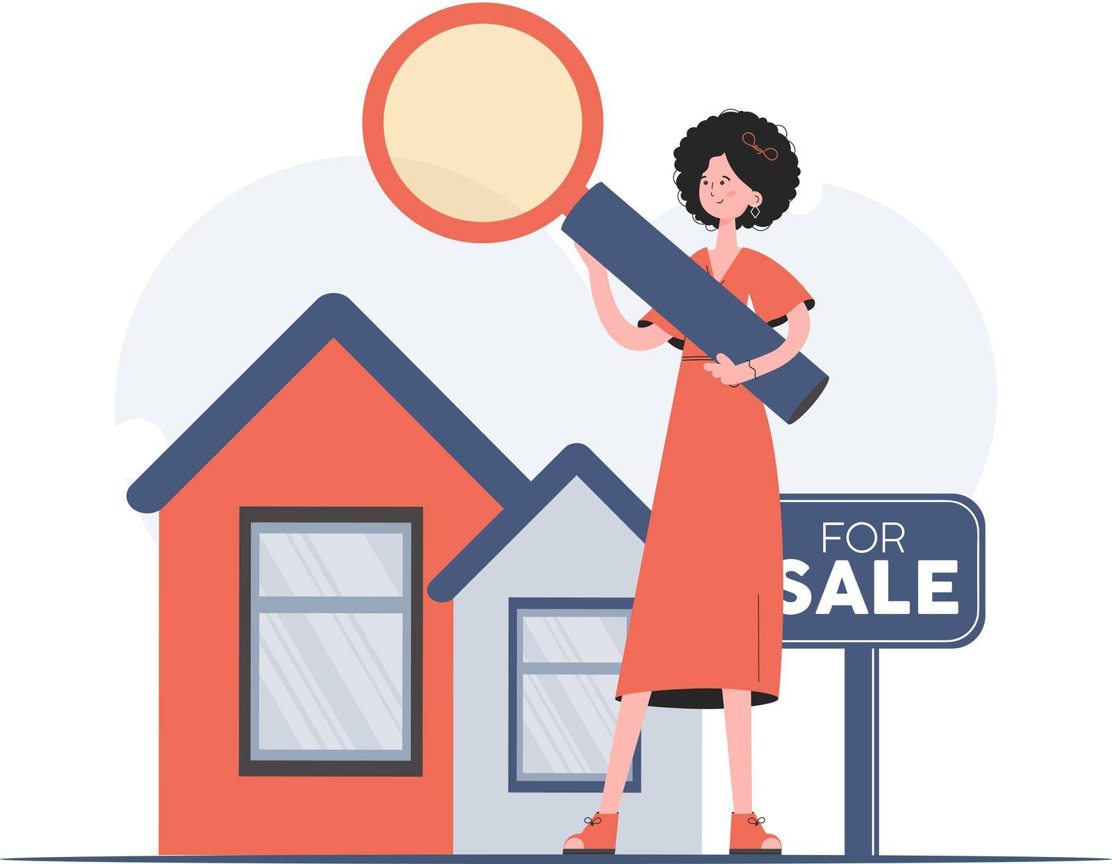 A woman stands in full growth busy looking for a rental apartment. Property search. Flat style. Element for presentations, sites. Vector illustration