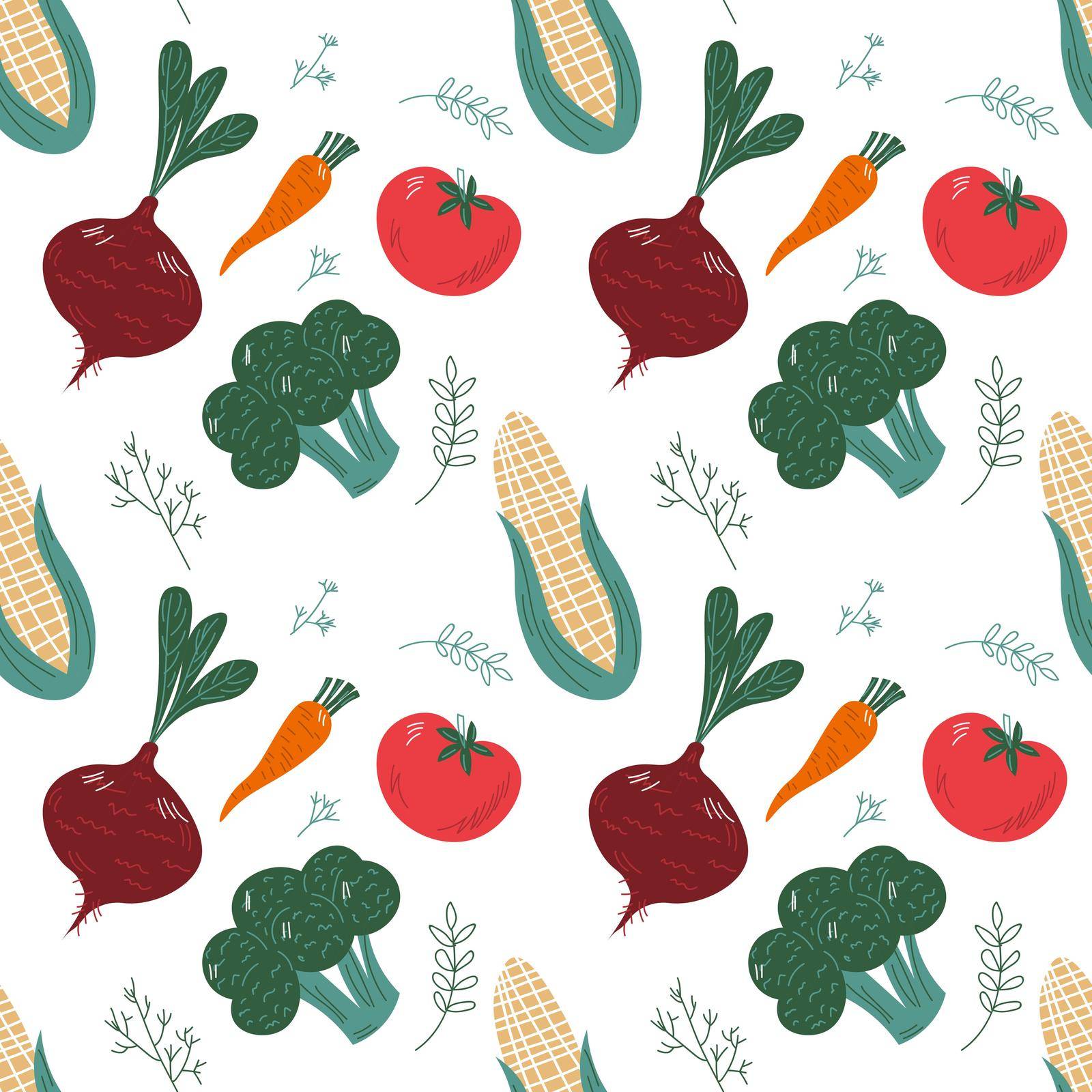 Seamless pattern with hand drawn colorful doodle vegetables. Sketch style vector set. Vegetables flat icons set carrot, tomato.