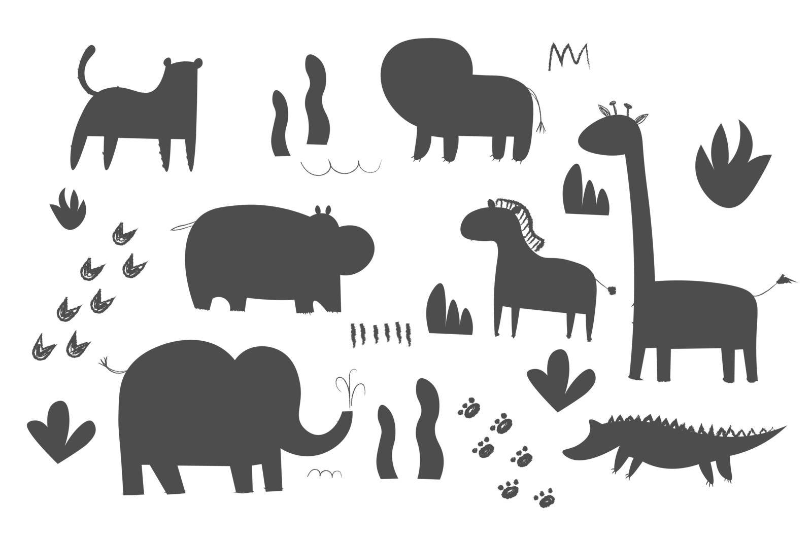 Africa animals silhouettes, isolated on white background vector illustration. Africa animals contour. Africa mammals big vector set. Hippo, elephant, giraffe, lion icon