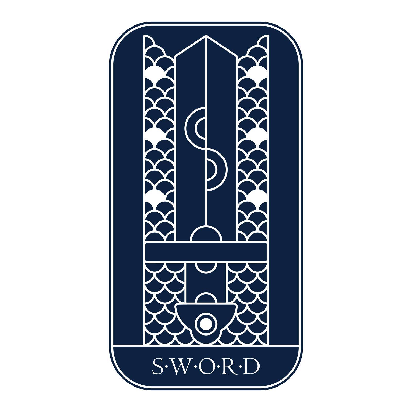 Northern fantasy battle emblem. Viking sword and chain armor. Dark blue line art manuscript card