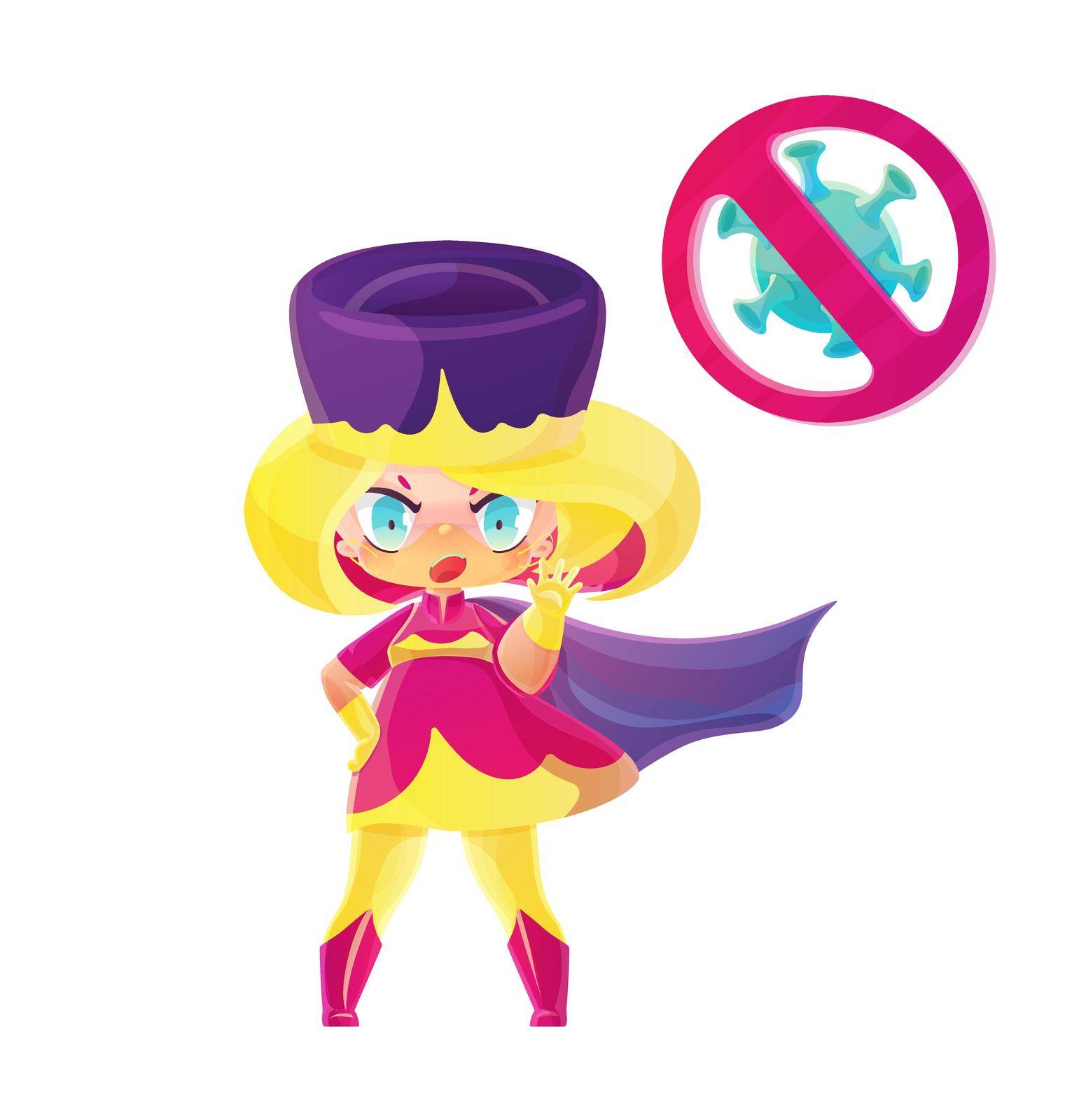 Superhero nurse with stop the pandemic sign. Drawing in the style of manga and anime in magenta and yellow and violet gradient palette