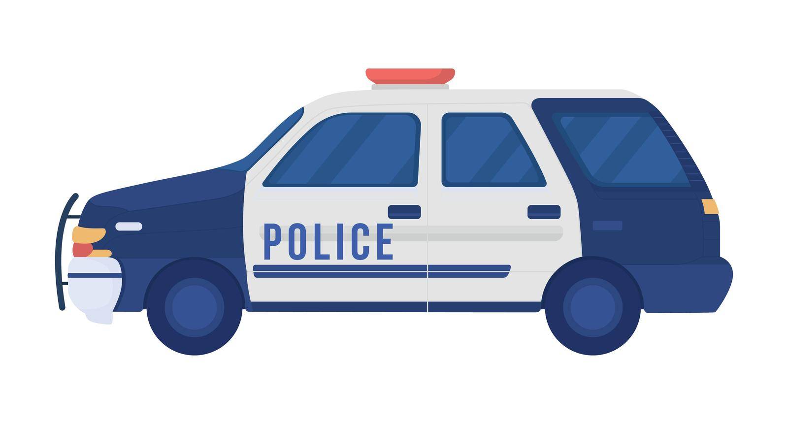Police car semi flat color vector object. Editable figure. Full sized item on white. Urban security service simple cartoon style illustration for web graphic design and animation. Bebas Neue font used