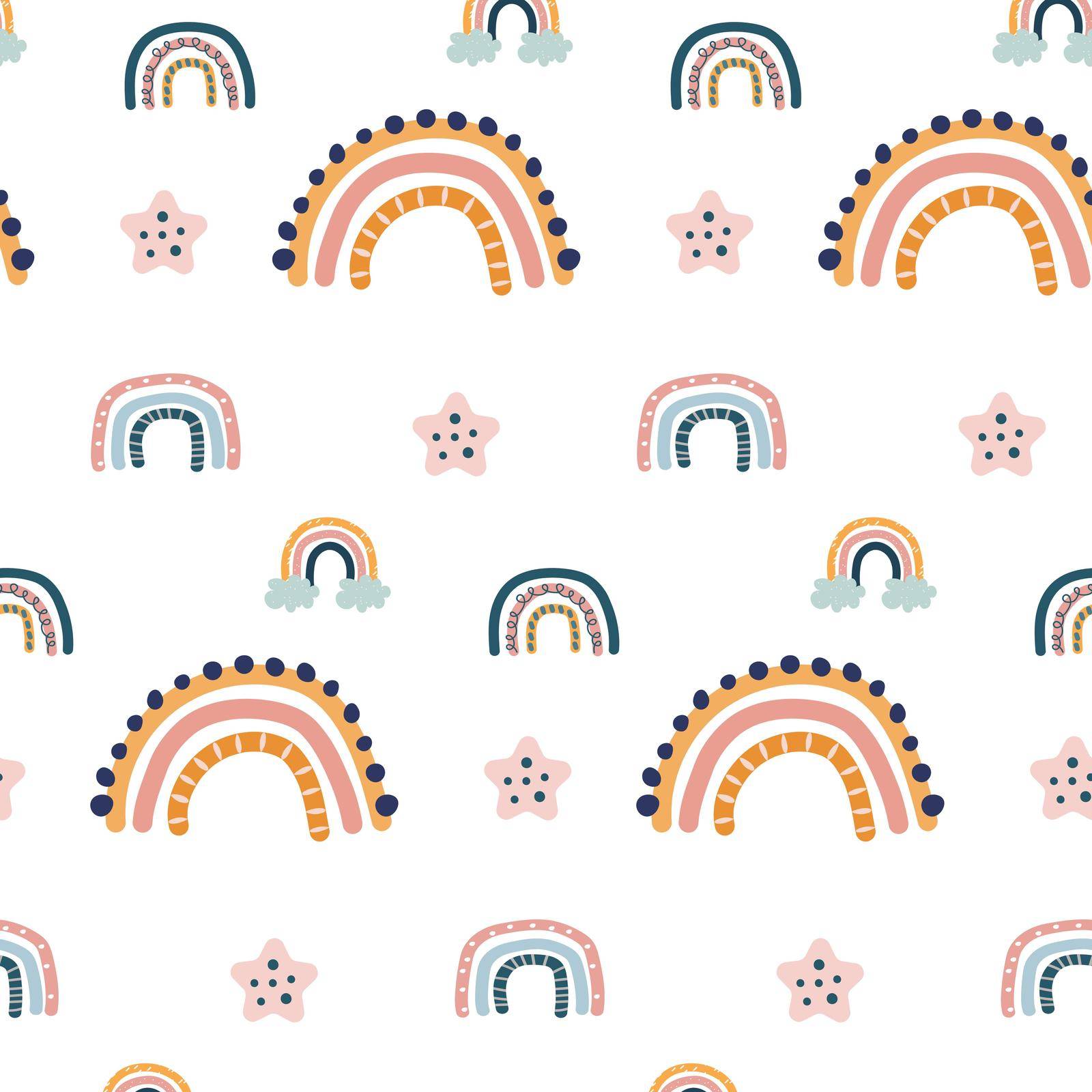 Rainbow and cloud seamless pattern with orange and grey sky weather elements. Nature atmosphere art illustration for kids fabric and decoration
