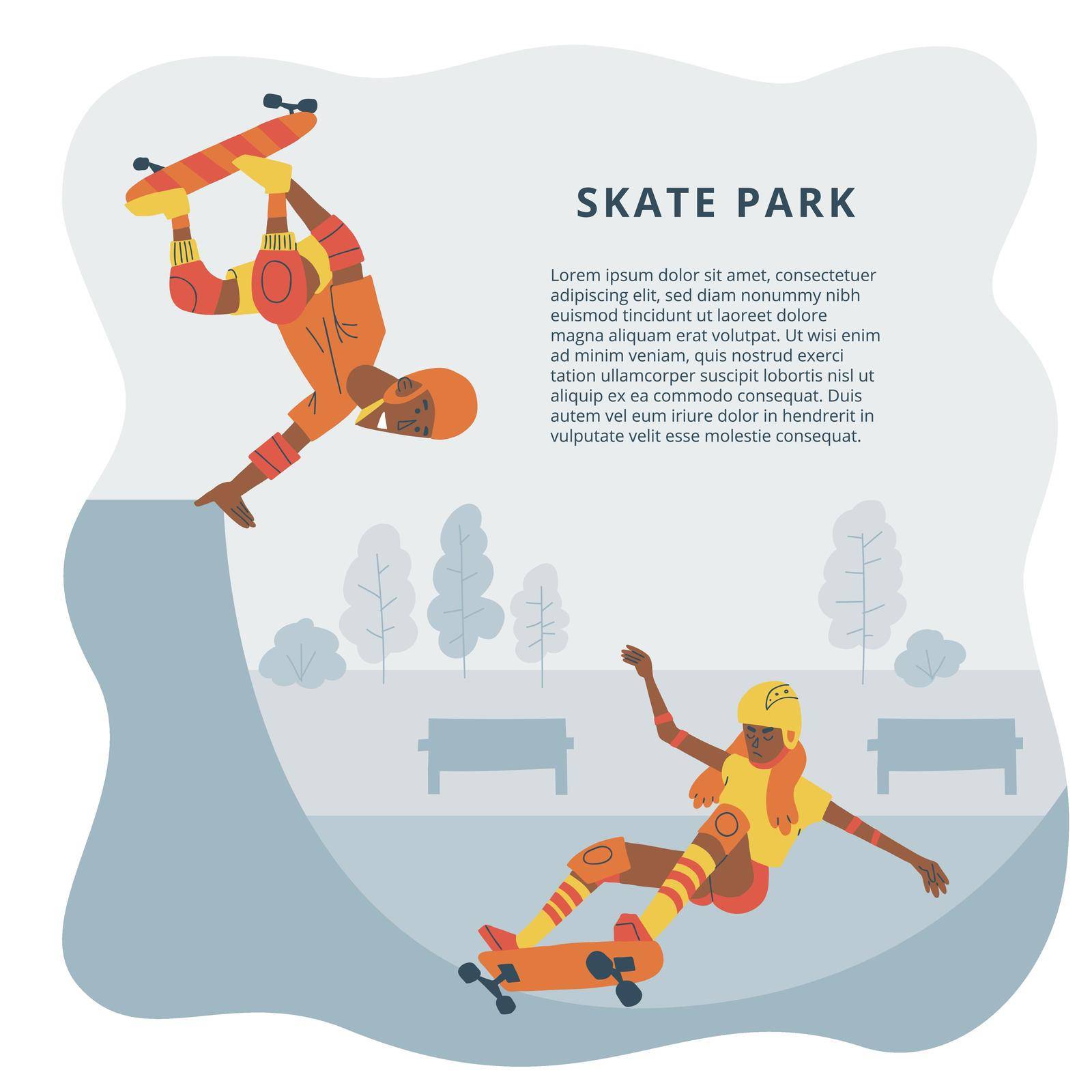Skateboarding colorful illustration of skater teens jumping on ramp. Skate park, shop, school advertising template with space for text.