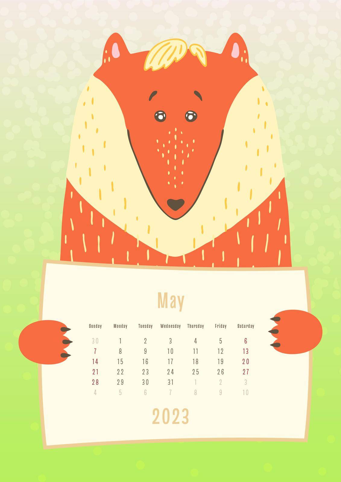 2023 may calendar, cute fox animal holding a monthly calendar sheet, hand drawn childish style.