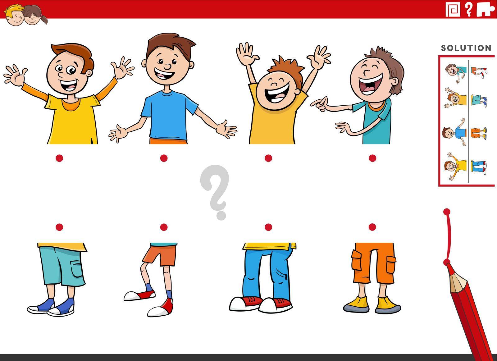 Cartoon illustration of educational game of matching halves of pictures with funny boys characters