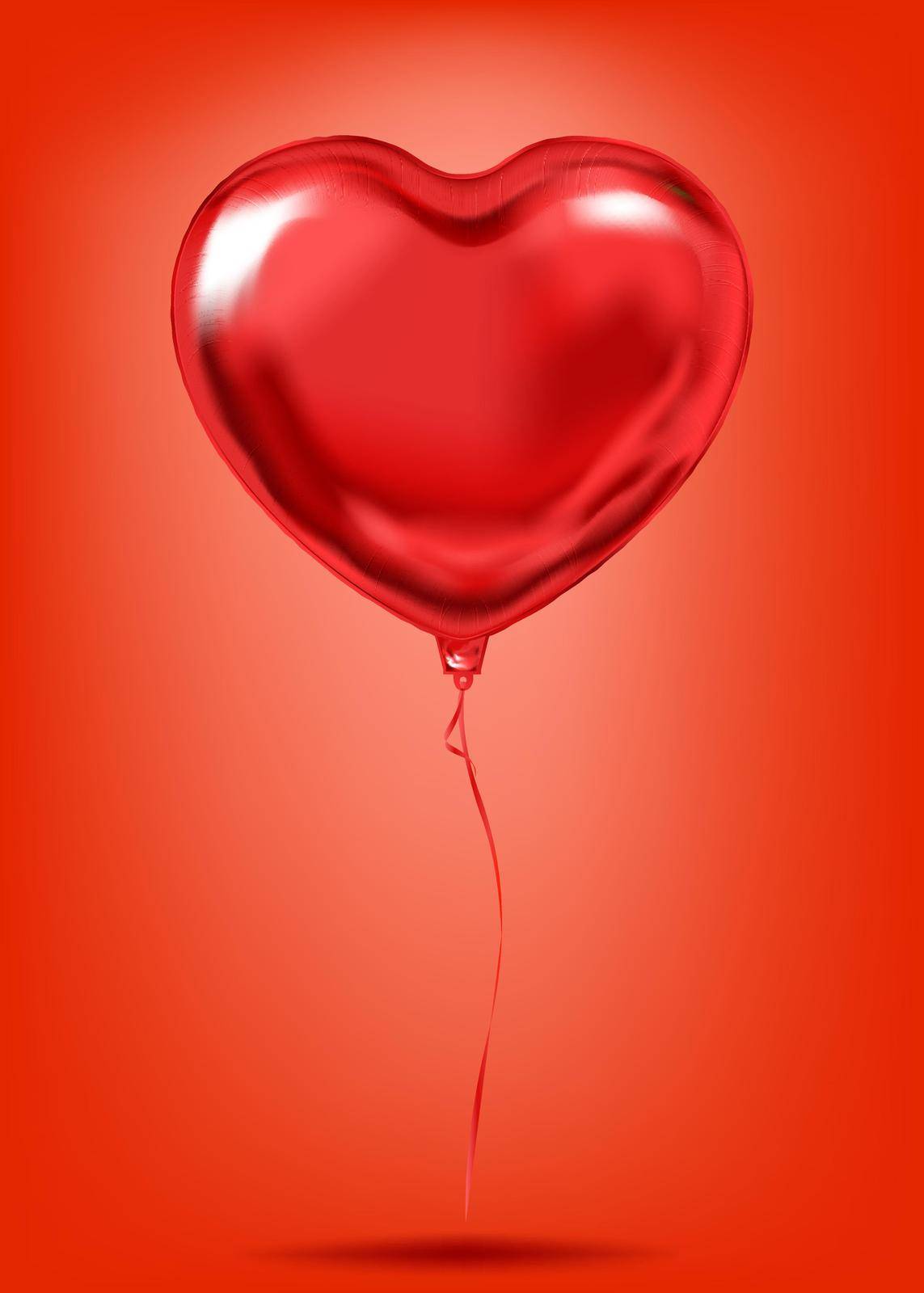 Red Foil Heart Shape Balloon, desire love symbol. Image for birthday celebration, social party and any holiday events. Isolated vector shiny red platinum balloon in the air
