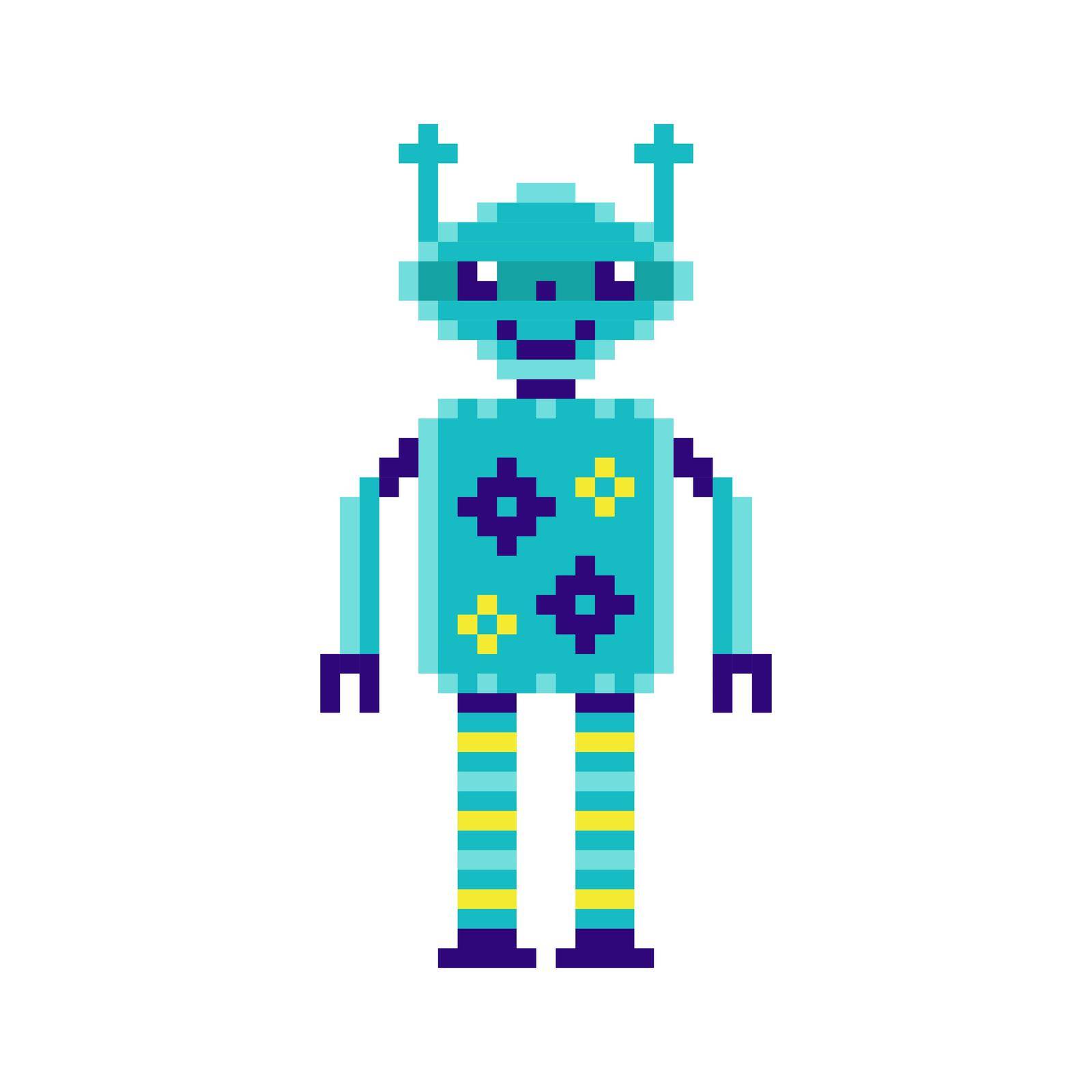 Robot in pixel art style on white background.