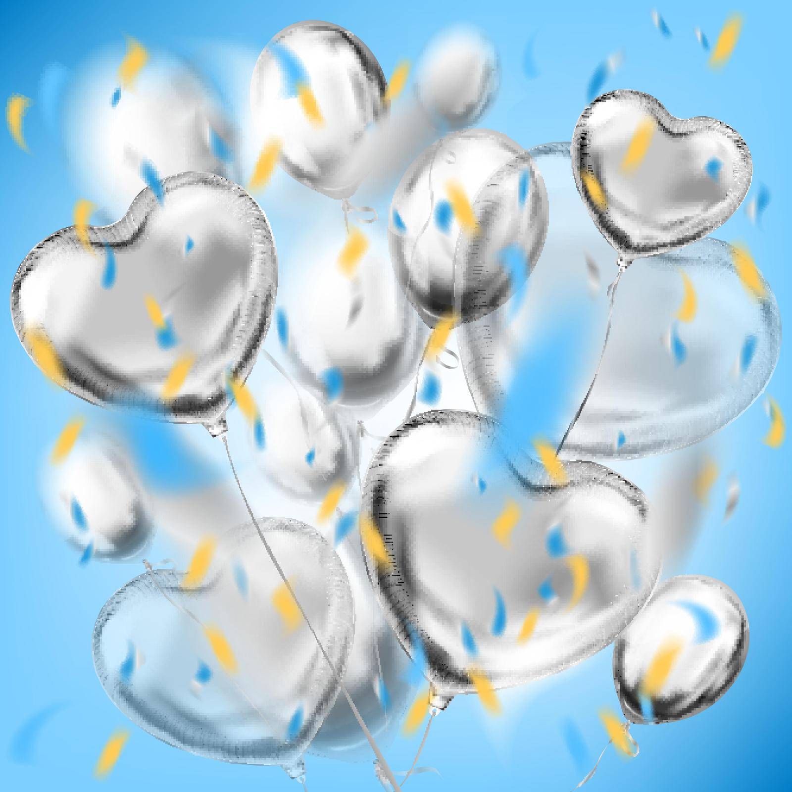 Silver sphere and heart shape balloons and colored foil confetti in air. Vector template for Valentines Day, birthday, night party and any holiday events
