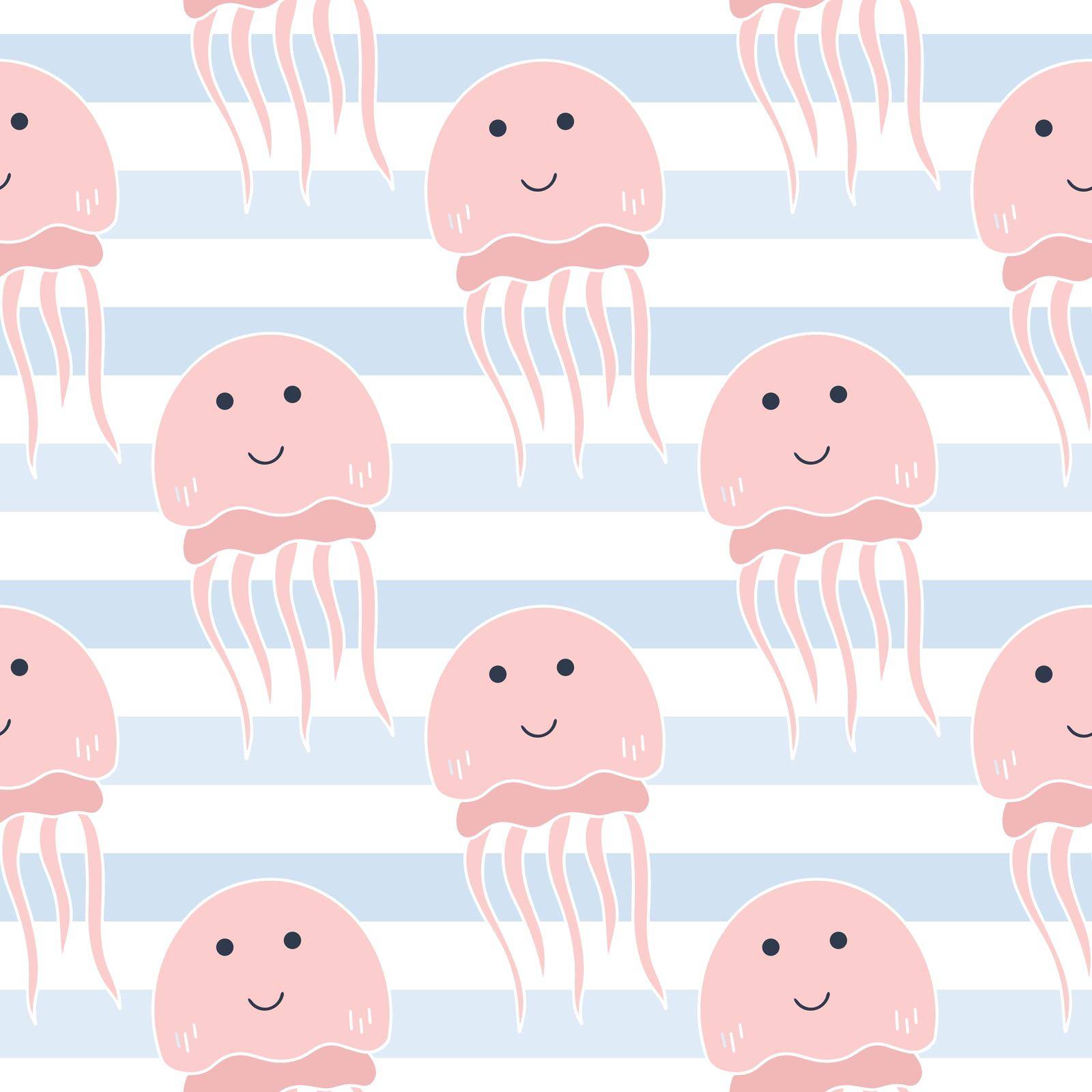 Cute pink jellyfish vector seamless pattern. Jellyfish on striped blue background. Print for baby textile, packaging, wallpaper and design. Cutest pastel kids template with marine characters