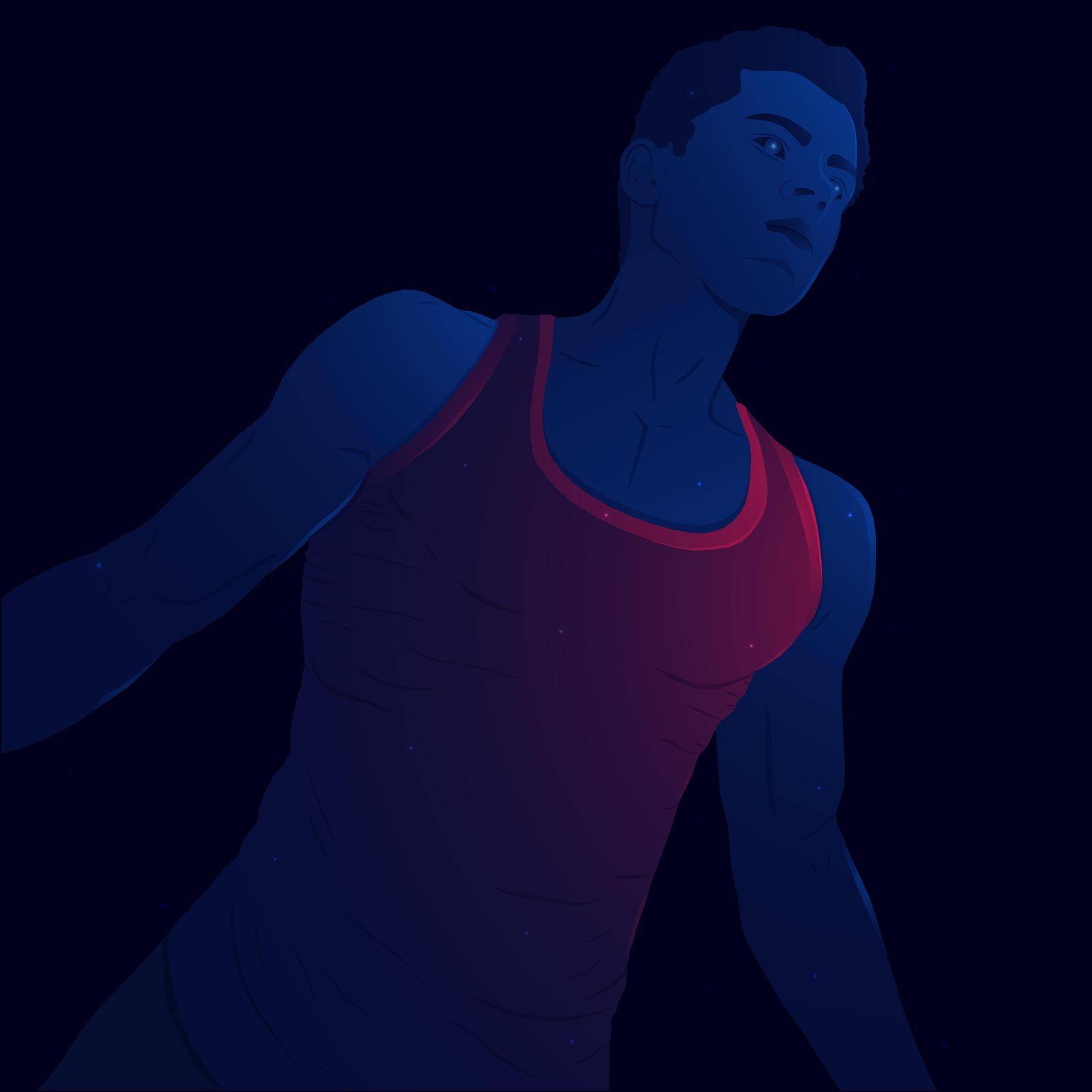 Blue majestic athletic guy on a dark background. Attractive guy in a t shirt.Technology man vector illustration. Winner concept.
