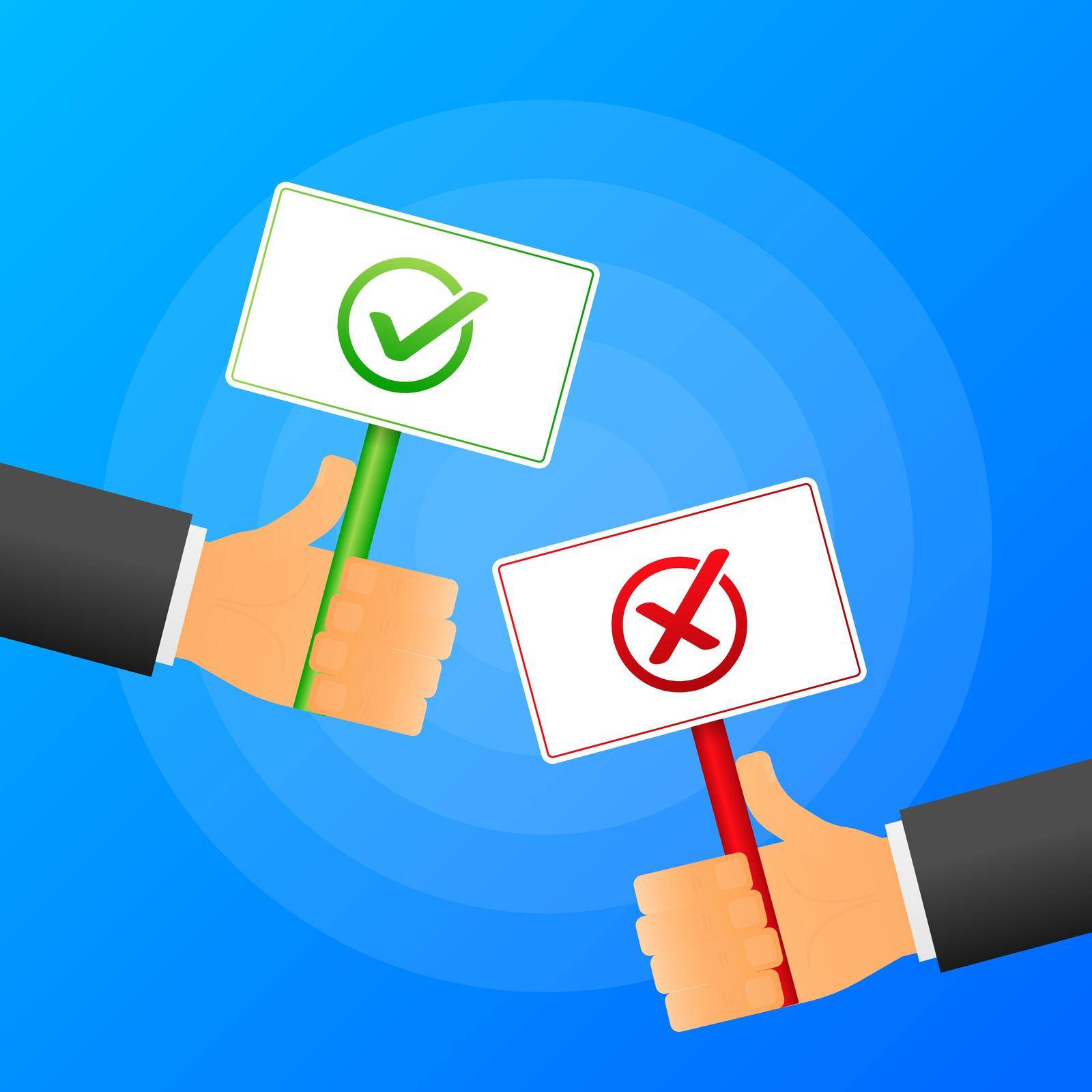 Hand holds Yes or No sign realistic red and green table on blue background. Vector illustration