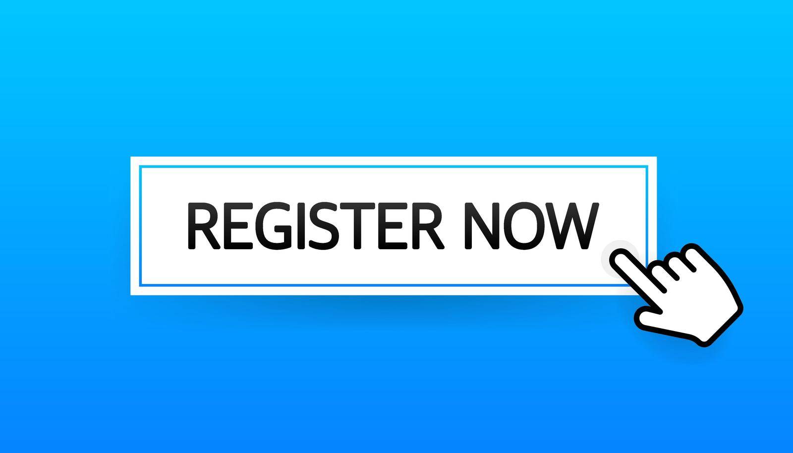 Blue register now label in modern style on white background. Banner promotion. Click button. Sticker design.
