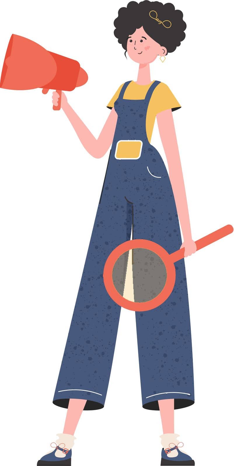 A woman stands in full growth with a magnifying glass. Isolated. Element for presentation. Vector illustration