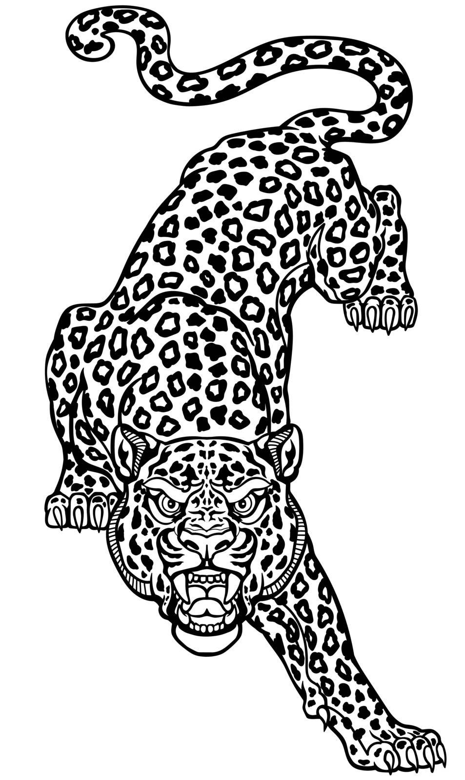 The roaring leopard climbs down looking straight ahead. Crawling spotted panther. Aggressive big cat. Front view. Tattoo style vector illustration