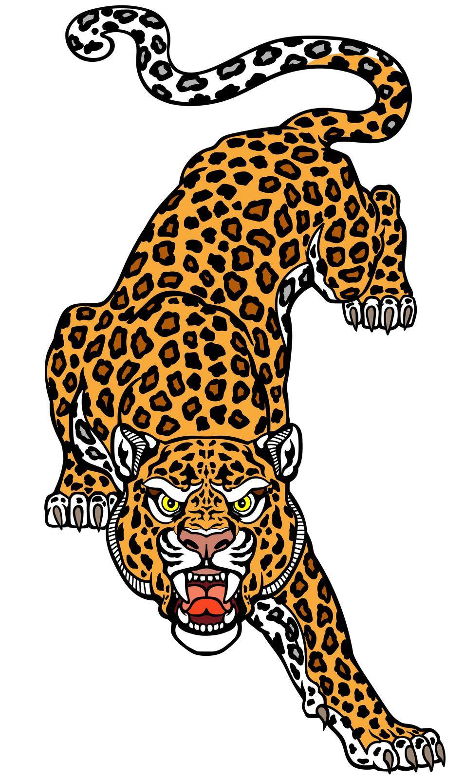 The roaring leopard climbs down looking straight ahead. Crawling spotted panther. Aggressive big cat. Front view. Tattoo style vector illustration