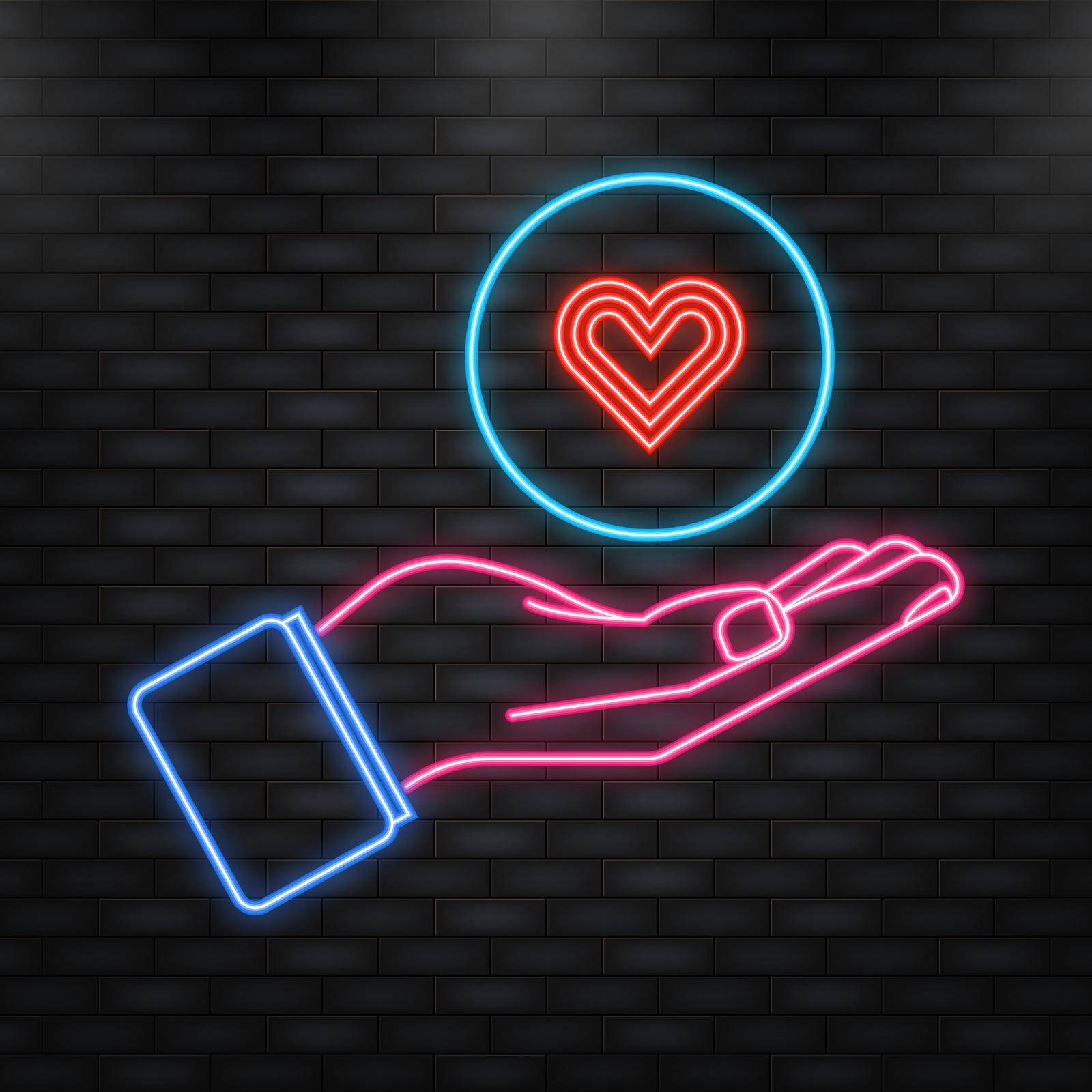 Neon Icon. Flat like comment for web background design. Social media like heart icon with hand. Comment sign symbol. Vector illustration