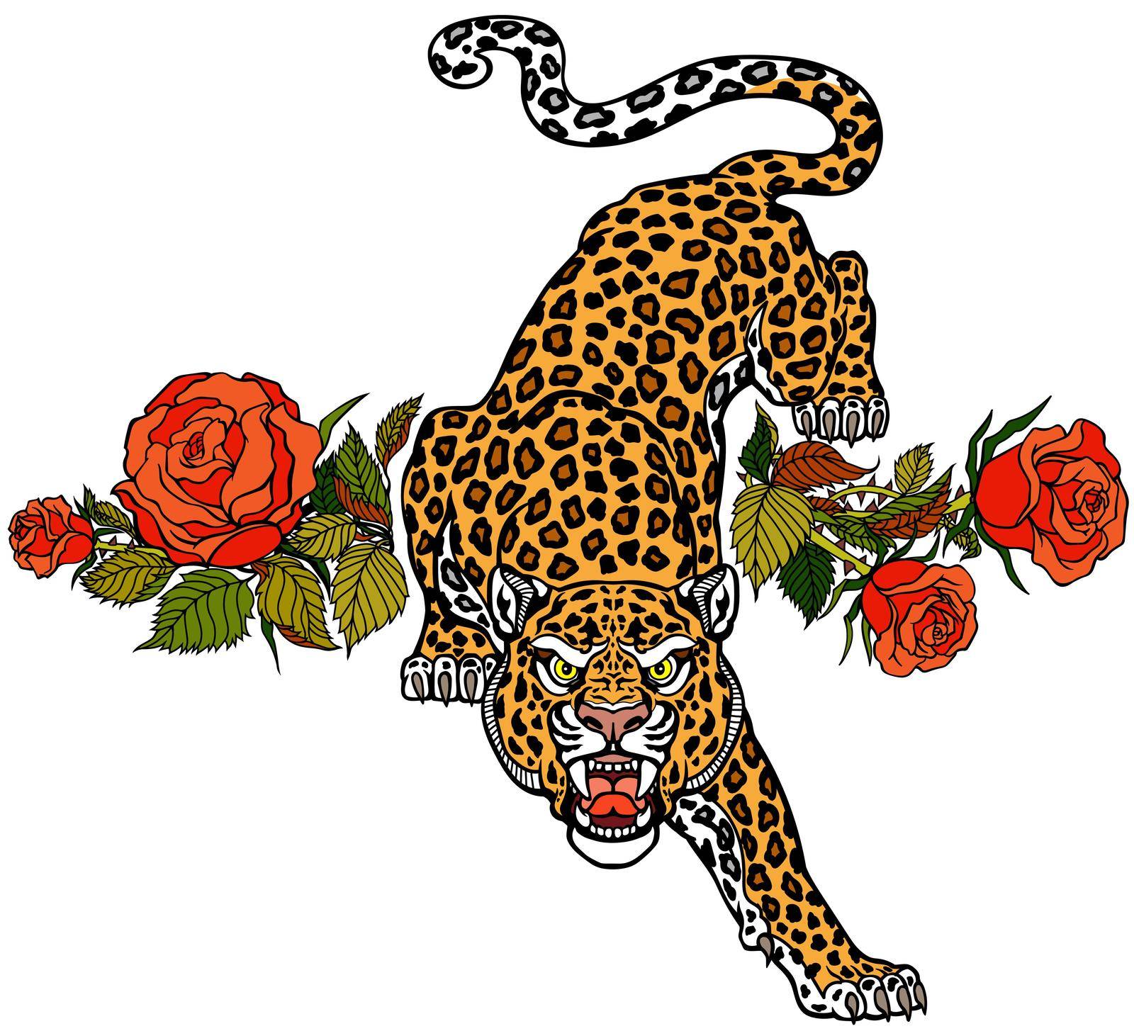 The roaring leopard climbs down and looks straight ahead. Aggressive spotted panther and blooming red roses. Front view. Tattoo style vector illustration