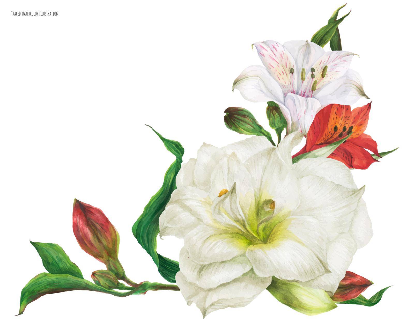 Bridal corsage bouquet with lily flowers, realistic watercolor traced illustration