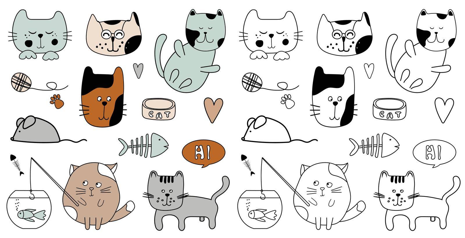 Cute kitty cats cartoon design set for coloring book for children. Collection of feline animals kitten drawings