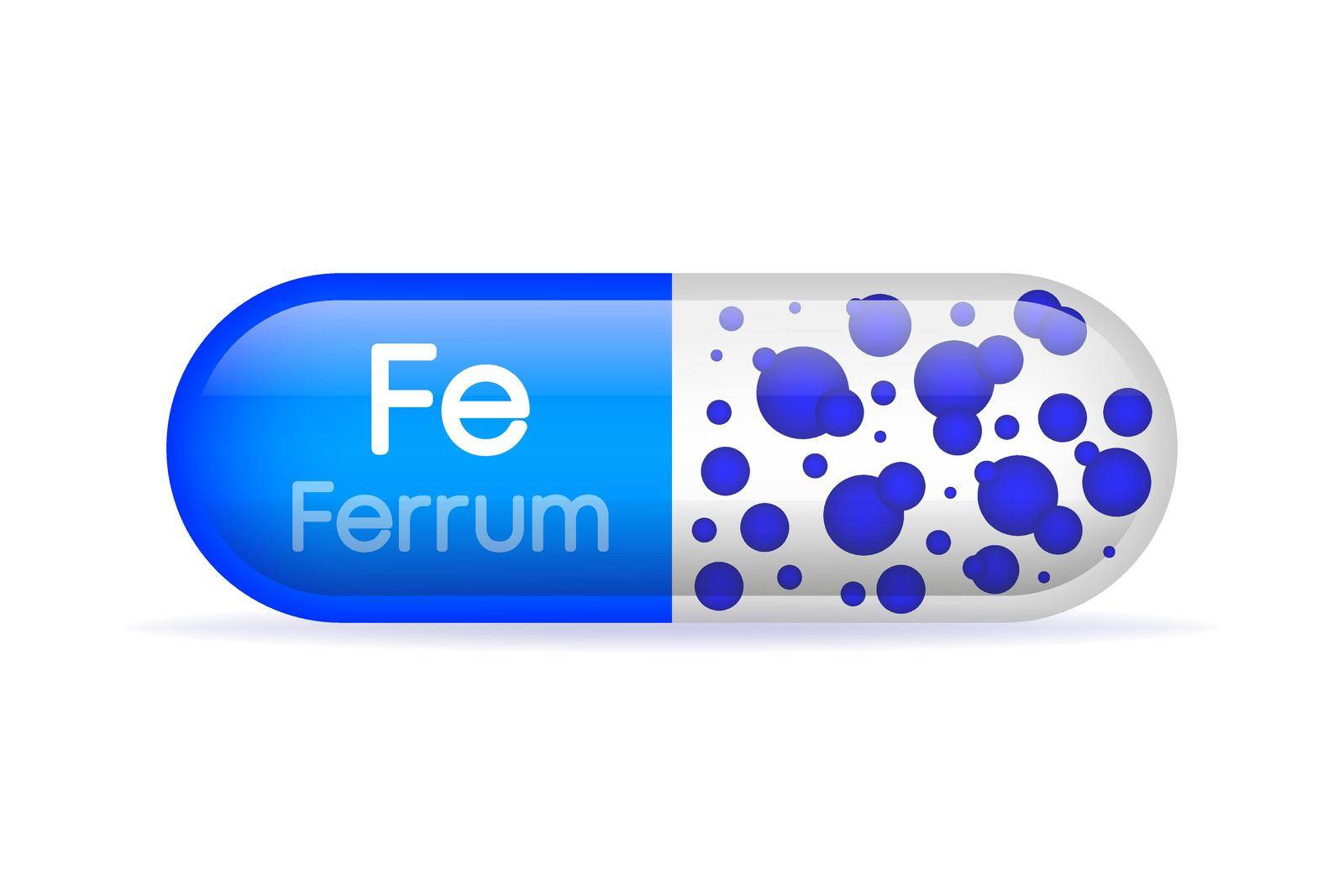 Mineral Fe Ferum blue shining pill capsule. Vector illustration.