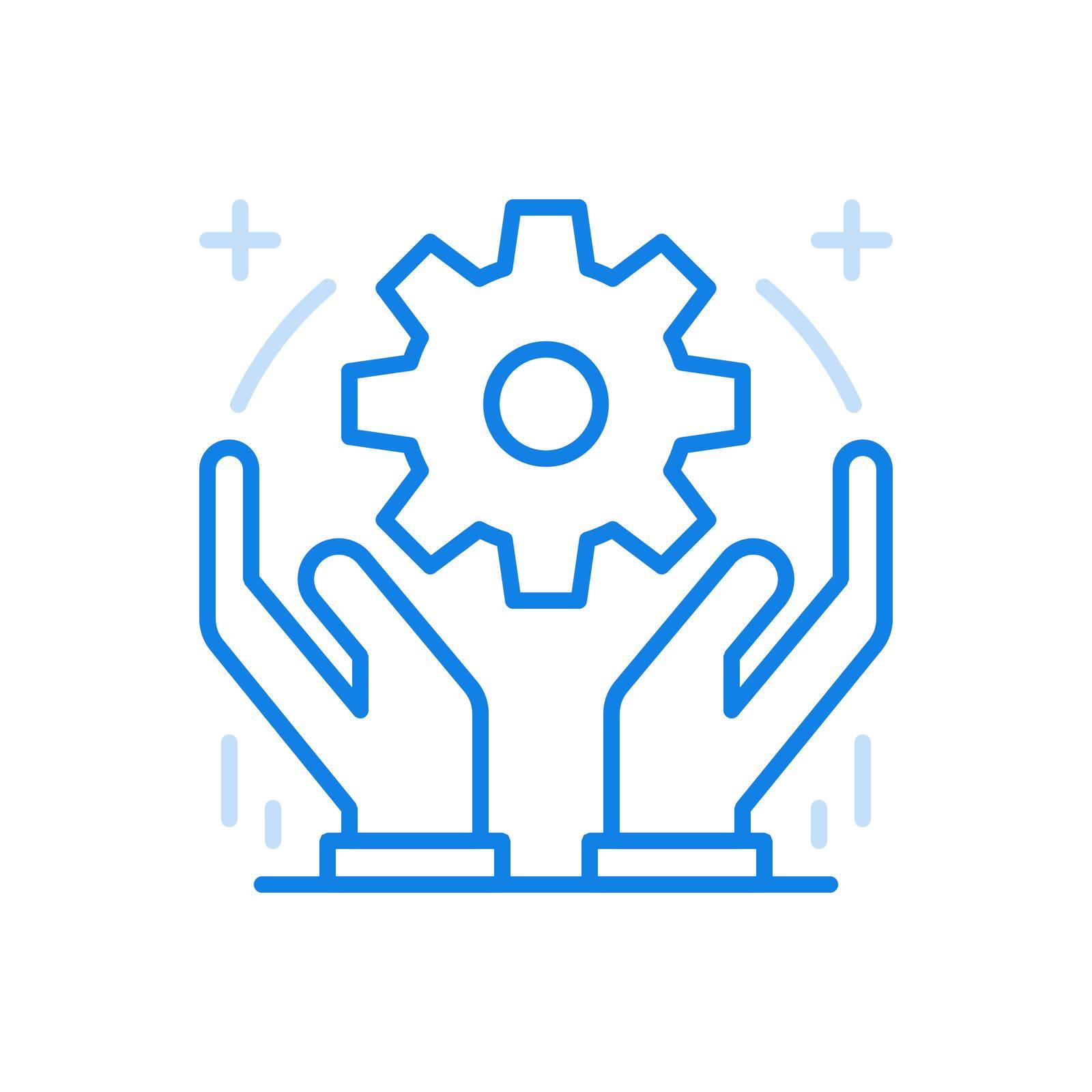 Creative optimization vector line icon. New technology growth developments and business management. Hands raising gear. Online research communication and marketing analytics engine.