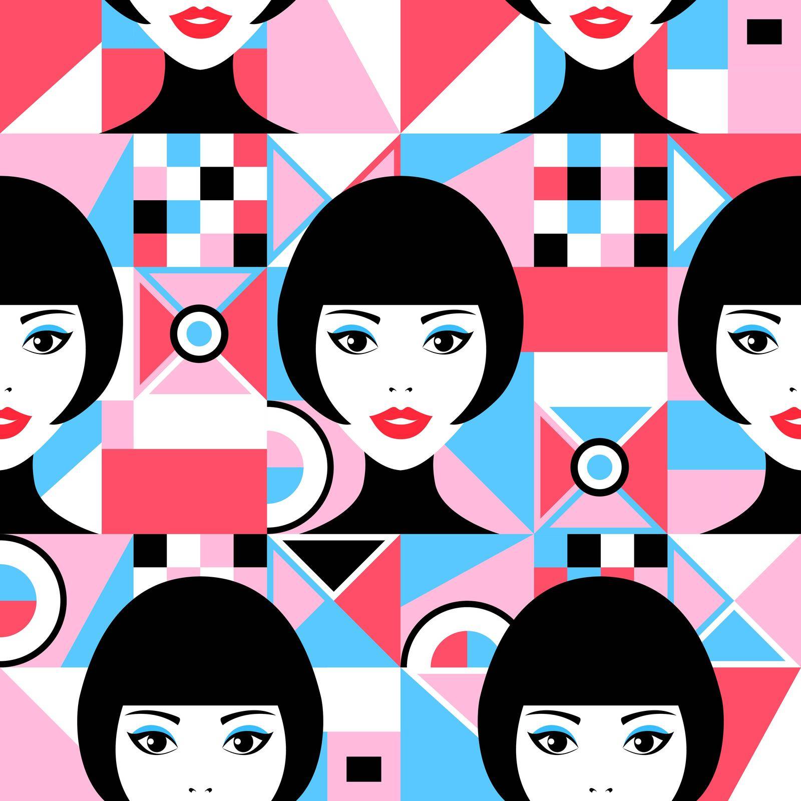 Seamless pattern with woman faces and geometric figures