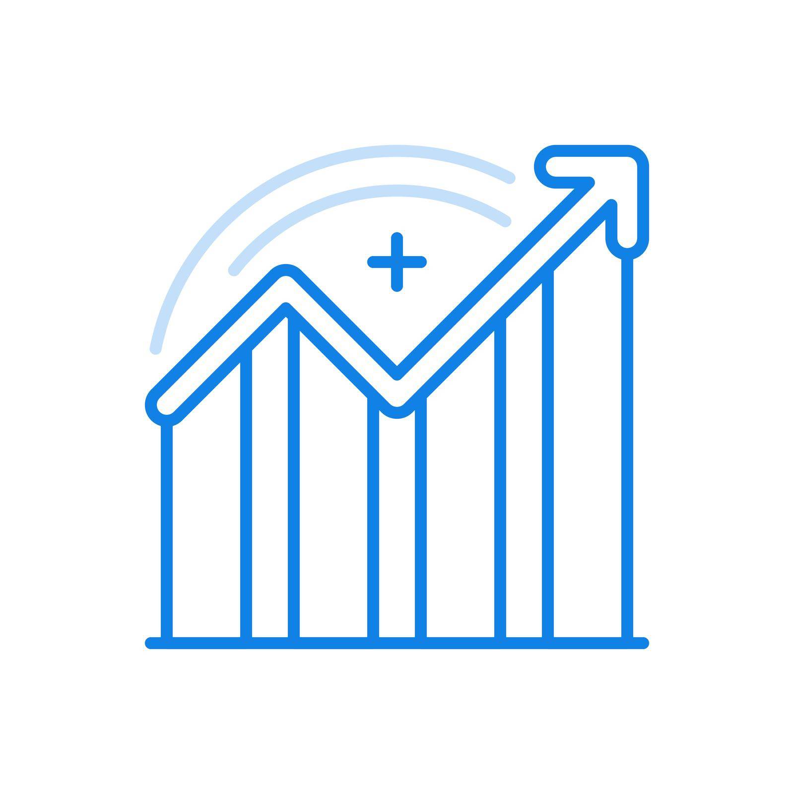 Statistical growth indicators vector line icon. Profit increase chart with upward curved arrow. Marketing infographics economy development and profit. Increased production with sharp demand.